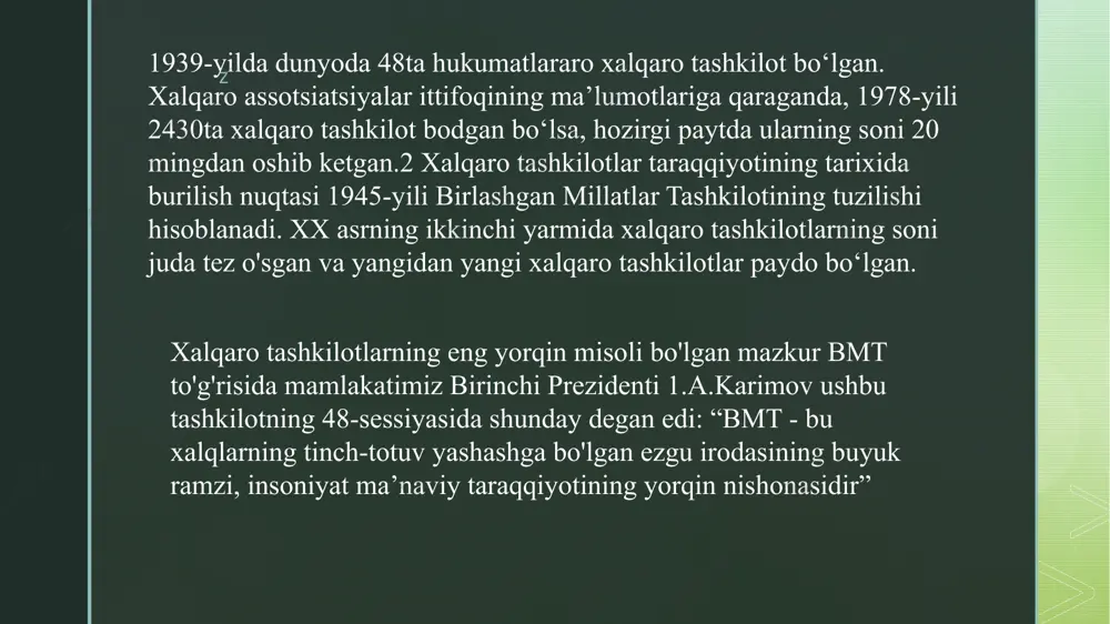 , madaniy-ma’rifiy; e) matbuot, kino, radio, televideniye va boshqa sohalar. z xalqaro tashkilotlarning xalqaro-huquqiy maqomi xalqaro tashkilotlarning xalqaro huquqning o‘ziga xos hosilaviy subyekti deyishimizga yana birinchi asos, ular davlatlarga o ‘xshab, o ‘zining doimiy hududiga, doimiy aholisiga ega bo‘la olmaydi. ikkinchidan esa yuqorida ta ’kidlab o ‘tganimizdek, u birlamchi subyektlaming xohish-irodasi asosida hosil bo'ladi, y a ’ni “dunyoga keladi” va u birlamchi subyektlamig xohish-irodasi orqali tugatilishi, y a’ni “dunyodan ketishi” mumkin. xalqaro hukumatlararo tashkilotning ta’sis etilishi. xalqaro hukumatlararo tashkilotlarni ta ’sis etilishi quyidagi bosqichlarda amalga oshiriladi: z 1. tashkilotlarning ta ’sis hujjatlarini qabul qilish; . 2. uning moddiy tizimini shakllantirish, bunda a ’zo davlatlarning a’zolik badallari bo‘yicha roziligi va ularni tomanishi muhim ro io ‘yf≫aydi; 3. bosh organlarining tashkil etilishi va yig‘ilish faoliyatining boshlanishi. xalqaro hukumatlararo tashkilotlaming xalqaro-huquqiy layoqatliligi, bu tashkilotlarni boshqa xalqaro tuzilmalardan ajratib turuvchi hamda xalqaro huquqiy munosabatlarda to 4la huquqli subyekt sifatida faoliyat kom'satishining asosiy belgisi hisoblanadi. …