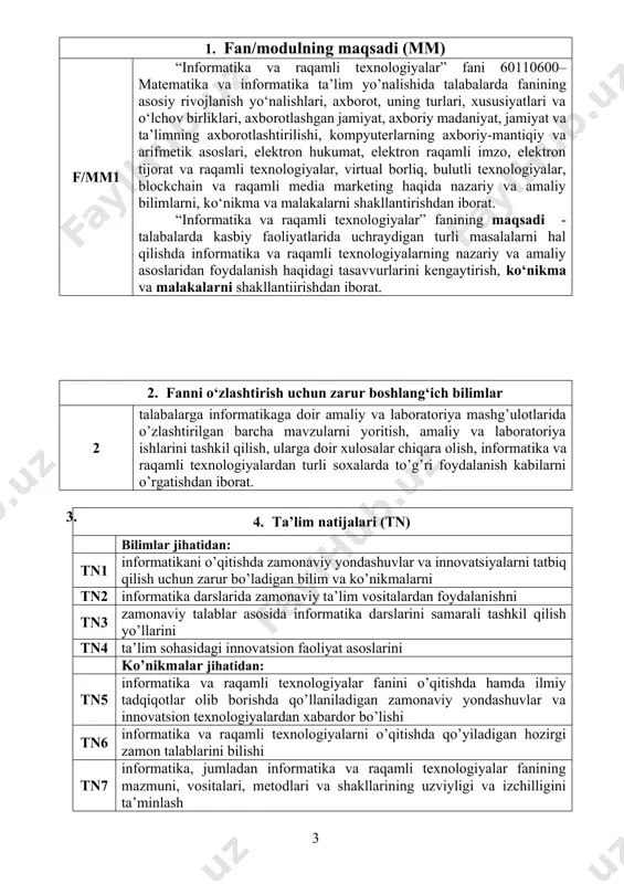 i. informatikaning asosiy rivojlanish yо‘nalishlari. zamonaviy informatika tuzilmasi. jamiyat va ta’limni axborotlashtirish 2 1. axborotlarni kodlash va dekodlash. axborotning о‘lchov birliklari. kodlash va dekodlash tushunchalari. kodlash turlari. matnli axborotlarni kodlash usullari. grafik axborotlar va ularni kodlash. audio va video axborotlarni kodlash. 2 1. raqamli texnologiyalar. raqamli texnologiyalar va ularning rivojlanish tendensiyalari. raqamli texnologiyalarning qо‘llanish sohalari. zamonaviy raqamli texnologiyalar: smart texnologiyalar (gadjetlar), buyumlar interneti (iot-internet of things), simsiz internet, wi-fi 6 va 5g, 3d bosma texnologiyalar, robototexnika. raqamli izlar va ularning turlari. iv-semestr 1. elektron hukumat va elektron tijorat. elektron hukumat tushunchasi. elektron hukumat vazifalari va prinsiplari. yagona interaktiv davlat xizmatlari portal. elektron raqamli imzo va uning ochiq va yopiq kalitlari. elektron tijorat (e-commerce) va elektron savdo (e-trade) xususiy belgilari va farqlari. elektron tijorat tizimlari. tо‘lov tizimlari, ular orqali tо‘lovlar va xaridlarni amalga oshirish. 2 1. virtual va tо‘ldirilgan borliq. virtual borliq (virtual reality-vr) va uning asosiy tushunchalari. virtual borliq turlari. …