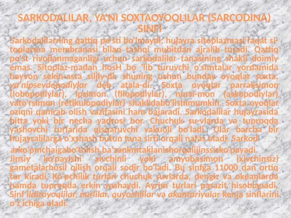 r xil amyobalar (masalan, a.proteus) psevdopodiylari oziq zarrasini (bak-teriya, suv o'tlari va boshqa mayda jonivorlar) ikki tomonidan oqib o'tib qamrab olsa, boshqalari ipsimon suv o'tlarini harakat qilmasdan sitoplazmasiga tortib oladi. avval suv о'lining bir uchi amyoba tanasi sirtiga yo-pishib qoladi, so'ngra sitoplazmaga botib kirib, hazm suyuqligi ta'sirida spiralga o'xshab o'raladi. sitoplazmaga о'tgan oziq zarrasi atrofiga hazm suyuqligi ajralib, ovqat hazm qilish vakuolasi shakllanadi. oziqning hazm bo'lgan qismi sitoplazmaga so'riladi; hazm bo'lmagan qismi esa sitoplazmaning to'g'ri kelgan joyidan tashqi muhitga chiqarib tashlanadi. oziq moddalarning hujayra ichiga tortib olinib, hazm qilinishi fagotsitoz deb ataladi. ko'pchilik bir hujayralilar va tuban tuzilgan ko'p hujayralilar fagotsitoz usulida oziqlanadi. amyobalar sitoplazmasi aniq ikki qismdan iborat. sitoplazmaning tashqi birmuncha yupqa, lekin tiniq va quyuqroq qatlami ektoplazma, ichki suyu-qroq va donador qatlami endoplazma deb ataladi. bu ikki qatlam o'rtasida aniq chegara bo'lmaydi. psevdopodiylar hosil bo'lishi jarayonida oqib kelayotgan sitoplazmaning sirtqi qismi yelimga o'xshash quyuqlasha bor-ib, ektoplazmaga aylanadi. o'sha …
