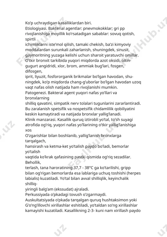 aydo bo’ladi, bemorlar yo’talish vaqtida ko’krak qafasining pastki qismida og’riq sezadilar. behollik, terlash, tana haroratining 37,7 - 38°c ga ko’tarilishi, gripp bilan og’rigan bemorlarda esa lablariga uchuq toshishi (herpes labialis) kuzatiladi. yo’tal bilan avval shilliqlik, keyinchalik shilliq- yiringli balg’am (ekssudat) ajraladi. perkussiyada o’pkadagi tovush o’zgarmaydi. auskultatsiyada o’pkada tarqalgan quruq hushtaksimon yoki g’o’ng’illovchi xirillashlar eshitiladi, yo’taldan so’ng xirillashlar kamayishi kuzatiladi. kasallikning 2-3- kuni nam xirillash paydo bo’lishi mumkin. rentgenogrammada o’zgarish bo’lmaydi. tashqi nafas funksiyasi tekshirilganda (spirometr) o’pkaning tiriklik sig’imi 15 � 20% ga kamayadi. qonda leykotsitlar ortadi (neytrofillar 8 � 12 • 109/l), echt (eritrotsitlarning cho’kish tezligi) ortadi. tashxis. o’tkir bronxit, kasallikning o’tkir boshlanishi, yo’tal vaqtida balg’am ko’chishi, zararlanish belgilari, auskultatsiya qilganda avval quruq, keyin nam xirillashlar eshitilishga asos- lanadi. differensial tashxis. o’tkir bronxitni o’choqli zotiljamdan farqlashda ko’krak qafasini rentgenologik yo’l bilan tekshirish muhim rol o’ynaydi. o’tkir bronxitda rentgenogrammada o’zgarish bo’lmaydi. o’choqli zotiljamda o’pkada qorayish kuzatiladi. davolash. o’tkir bronxitning yengil turi …