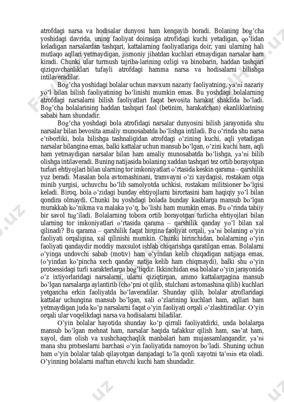 ngayib borib, 13-14 yoshga etganda o’z shakli va hajm jihatdan katta odamlarning ko’krak qafaslariga yaqinlashadi. ko’krak qafasining torligi va o’pkalarning kichikligi tufayli bolalar tez-tez nafas oladilar. bolaning bog’cha yoshidagi davrida, ya’ni 3 yoshdan 7yoshgacha bo’lgan davrida nafas olish miqdori deyarli o’zgarmaydi. biroq bog’cha yoshidagi davrida bola xaddan tashqari harakatchan bo’lgani tufayli uning organizmi juda ko’p miqdorda oqsilni talab qiladi. shuning uchun bolaning bog’cha yoshida mumkin qadar ochiq xavoni ta’minlash kerak bo’ladi. ma’lumki bolalar asab tizimining eng kuchli taraqqiy etadigan davri 1 yoshdan 3 yoshgacha bo’lgan davriga to’g’ri keladi. yuqorida aytib o’tganimizdek yangi tug’ilgan bola bosh miyasining o’rtacha og’irligi 380 – 400 gramm keladi. bola bog’cha yoshiga etguncha uning miyasi g’oyat kuchli ravishda o’sib, deyarli 3 barobar ko’payadi. demak, bog’cha yoshiga yetgan bola miyasining og’irligi 1200 grammga etadi. bog’cha yoshidagi bolaning miyasi faqat xajm jihatidan emas, shakl jihatdan ham ancha murakkablashadi. masalan: 3 yoshli bola miyasidagi qo’zgalishlarni tegishli markazlarga elituvchi asosiy …