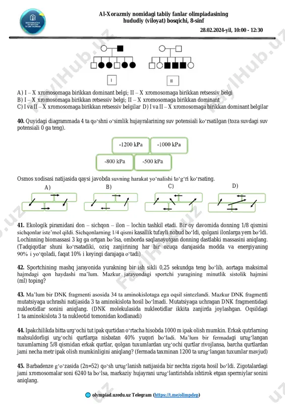 ya 31. sovuq qonli (i) va issiq qonli (ii) hayvonlarni to‘g‘ri juftlang. a) sterlyad; b) ko‘rgalak; c) qizilto‘sh; d) timsoh; e) salamandra a) i - b, c; ii - a, d, e b) i - a, d, c; ii - b, e c) i - a, d; ii - b, c, e d) i - a, d, e; ii - b, c 32. jabra bilan nafas oluvchi hayvonlarni aniqlang. a) suv shillig‘i, daryo qisqichbaqasi b) baqachanoq, lansetnik c) losos, suv qandalasi d) zaxkash, sariq falanga 33. oddiy gulqo‘rg‘onga ega, o‘q ildiz tizimli ikki yillik o‘simlik(lar)ni aniqlang. a) keyreuk, saksovul b) oddiy lavlagi c) qizil lola d) javdar, sholi 34. сhangchilari ikkita halqada joylashgan, ko‘sak mevaga ega o‘simliklarni aniqlang. 1) oqquray; 2) rediska; 3) boychechak; 4) lola; 5) bosh piyoz; 6) g‘o‘za. a) 1, 2, 5 b) 2, 6 c) 2, 3, 6 d) 3, 4 35. uchinchi qon guruhli odamlar …