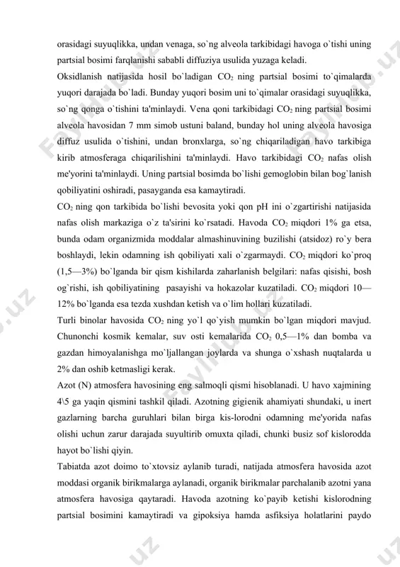 so2 miqdori ko`proq (1,5—3%) bo`lganda bir qism kishilarda zaharlanish belgilari: nafas qisishi, bosh og`rishi, ish qobiliyatining pasayishi va hokazolar kuzatiladi. so2 miqdori 10—12% bo`lganda esa tezda xushdan ketish va o`lim hollari kuzatiladi. turli binolar havosida so2 ning yo`l qo`yish mumkin bo`lgan miqdori mavjud. chunonchi kosmik kemalar, suv osti kemalarida so2 0,5—1% dan bomba va gazdan himoyalanishga mo`ljallangan joylarda va shunga o`xshash nuqtalarda u 2% dan oshib ketmasligi kerak. azot (n) atmosfera havosining eng salmoqli qismi hisoblanadi. u havo xajmining 4\5 ga yaqin qismini tashkil qiladi. azotning gigienik ahamiyati shundaki, u inert gazlarning barcha guruhlari bilan birga kis-lorodni odamning me'yorida nafas olishi uchun zarur darajada suyultirib omuxta qiladi, chunki busiz sof kislorodda hayot bo`lishi qiyin. tabiatda azot doimo to`xtovsiz aylanib turadi, natijada atmosfera havosida azot moddasi organik birikmalarga aylanadi, organik birikmalar parchalanib azotni yana atmosfera havosiga qaytaradi. havoda azotning ko`payib ketishi kislorodning partsial bosimini kamay​tiradi va gipoksiya hamda asfiksiya holatlarini paydo …