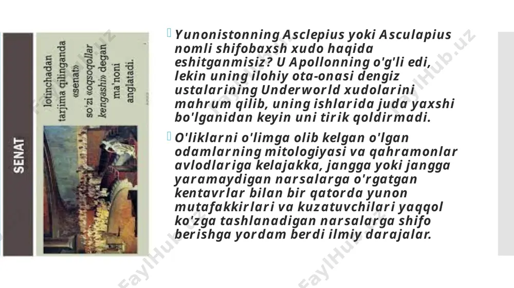 jamoat gigienasi tizimlarini o'rnatdilar, bu esa bu sog'liqni saqlash uchun muhim ekanligini tushunish edi. buni ularning o'liklarni shahar devorlari tashqarisida ko'mish amaliyotlarida, suv o'tkazgichlari, jamoat cho'milish joylari va umumiy kanalizatsiya tizimlari orqali katta miqdorda suv ta'minotida ko'rish mumkin. shuningdek, ular shaharlarga yaqin joylarda botqoqlarni quritishni boshladilar. rimdagi birinchi taniqli shifokorlardan biri galen edi. u gretsiyadagi hayvonlarni, shu jumladan maymunlarni yorib ko'rish orqali, inson anatomiyasi bo'yicha mutaxassis bo'ldi. qadimgi rimda o'zining mashhurligi va tajribasi tufayli galen imperator mark avreliyning shaxsiy shifokori bo'ldi. milodiy 10-yilda avgust rimda ishlaydigan shifokorlarga soliq imtiyozi berdi, shuningdek ularni davlat vazifalaridan chetlashtirdi. ushbu imtiyozlar rimga o'qimagan va malakasiz shifokorlarning to'lib ketishiga olib keldi, bu esa har bir mintaqada faqat tanlangan miqdordagi davlat shifokorlariga soliq imtiyozlarini taqdim etdi. yunon ramzlari va xudolari qadimgi rim tibbiyotiga katta ta'sir ko'rsatgan. asklepios'u qadimgi gretsiyada shifo xudosi deb tanilgan bo'lsa-da, tug'ilganidan u hech ajoyib ega. uning homiysi chiron bola dori ta'lim bera …