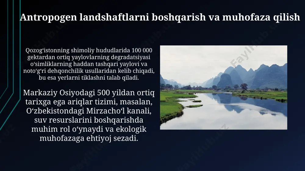 ildan ortiq intensiv dehqonchilik tufayli amudaryo deltasida tuproq shoʻrlanishi 70% ga yetdi, bu esa bioxilma-xillikni kamaytirdi va yerning unumdorligini pasaytirdi. qozogʻistonning shimoliy hududlaridagi 20-asrning ikkinchi yarmidagi keng koʻlamli irrigatsiya loyihalari tufayli aral dengizi qurib qoldi, bu esa mintaqadagi ekologik muvozanatni jiddiy buzdi. kon qazish sanoati va uning landshaftga ta'siri oʻzbekistonning janubiy hududlarida, xususan, surxondaryo viloyatida, oltin konlarini qazish natijasida yuzaga kelgan chiqindilar 50 million kub metrdan oshib, atrof-muhitga katta tahdid solmoqda. qoraqalpogʻiston respublikasida 1960-yillardan beri olib borilgan kon qazish faoliyati natijasida 1000 kvadrat kilometrdan ortiq hudud oʻzgargan, bu yerlarning tabiiy landshafti sezilarli darajada buzilgan. turkmanistondagi antropogen landshaftlar: misollar turkmanistondagi karakum kanali, 1400 km dan ortiq uzunligi bilan, cho'l hududlarini sug'orish uchun yaratilgan va keng ko'lamli antropogen landshaftni shakllantirgan. ahal velayatidagi qadimgi "dehiston" qal'asi atrofidagi o'zgartirilgan landshaftlar, ming yillar davomida inson faoliyati natijasida hosil bo'lib, arxeologik ahamiyatga ega. xulosa va tavsiyalar марказий осиёдаги антропоген манзараларнинг 30% дан ортиғи, хусусан фарғона водийси …