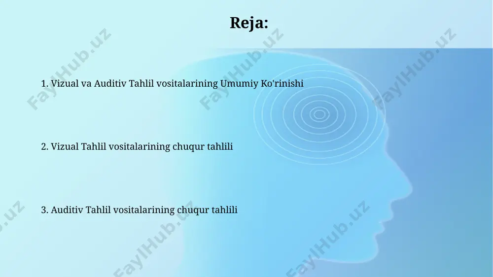 so'zlarni aniqlash uchun ishlatiladi, bu esa virtual yordamchilar va transkripsiya dasturlarida qo'llaniladi. vizual va auditiv ma'lumotlarni qayta ishlash jarayonlari vizual ma'lumotlarni qayta ishlash jarayoni retina hujayralaridan boshlanib, 100 milliondan ortiq fotoreseptorlar orqali miya korteksining v1 sohasiga yetkaziladi va shakl, rang va harakatni aniqlash kabi jarayonlarni o'z ichiga oladi. ko'rish va eshitish analizatorlari miya korteksining turli sohalarida, taxminan 30 dan ortiq ma'lumotlarni qayta ishlash markazlarida ma'lumotlarni parallel ravishda qayta ishlaydi. auditiv tahlilchilarning turlari va xususiyatlari auditiv tahlilchilarda qo'llaniladigan algoritmlar, masalan, fft (tez furye transformi) yoki wavelet tahlili, tahlilning tezligi va aniqligiga sezilarli ta'sir ko'rsatadi. ko'plab auditiv tahlilchilar signallarni 16 bitli yoki undan yuqori aniqlikda qayta ishlash imkoniyatiga ega bo'lib, bu yuqori sifatli tahlil natijalarini ta'minlaydi. vizual va auditiv tahlilchilarga umumiy nuqtai vizual tahlilchilar 2d yoki 3d tasvirlarni, masalan, fotosuratlarni, videolarni yoki tibbiy skanerlarni 10 dan ortiq turdagi xususiyatlar bo'yicha tahlil qilish imkoniyatiga ega. auditiv tahlilchilar ovoz to'lqinlarini, masalan, nutqni, musiqani yoki …