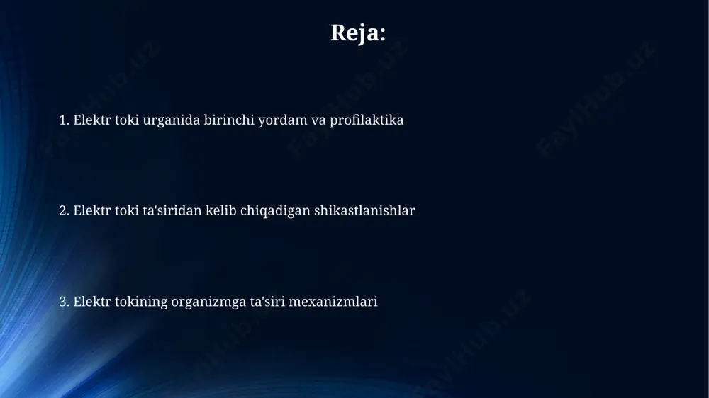 shi mumkin. surunkali kasalliklarga ta'siri diabet kasalligi bo'lgan shaxslarda elektr toki ta'siri teri va to'qimalarning shikastlanishiga, sekinroq tiklanishga va yuqori infektsion xavfga olib kelishi mumkin. surunkali obstruksiv o'pka kasalligi (sook) bilan og'rigan bemorlarda elektr toki ta'siri nafas olish funktsiyasining buzilishiga va o'pka shishi xavfini oshirishi mumkin, bu esa o'lim xavfini 5-10% ga oshiradi. ko'zga ta'siri ko'zga ta'sir etgan elektr toki chastotasi ham muhim ahamiyatga ega. masalan, yuqori chastotali tok (50-60 hz dan yuqori) past chastotali tokka qaraganda ko'z to'qimalariga ko'proq zarar yetkazishi mumkin. elektr toki ta'siri natijasida ko'zning retinasida 10-30 ma oqim o'tganida, fotoreseptorlarning shikastlanishi kuzatiladi, bu esa ko'rish qobiliyatining pasayishiga olib kelishi mumkin. diagnostika va davolash usullari elektrokardiogramma (ekg) yordamida yurak mushaklarining elektr faolligini o'rganish orqali 12 ta o'tkazuvchanlik yo'llarining holatini aniqlash va yurak ritmini tahlil qilish mumkin. transkranial magnit stimulyatsiyasi (tms) usuli miyaning ma'lum sohalariga magnit impulslari yuborish orqali 1-20 gts chastota diapazonida neyronlarning faolligini o'zgartirishga imkon beradi. …