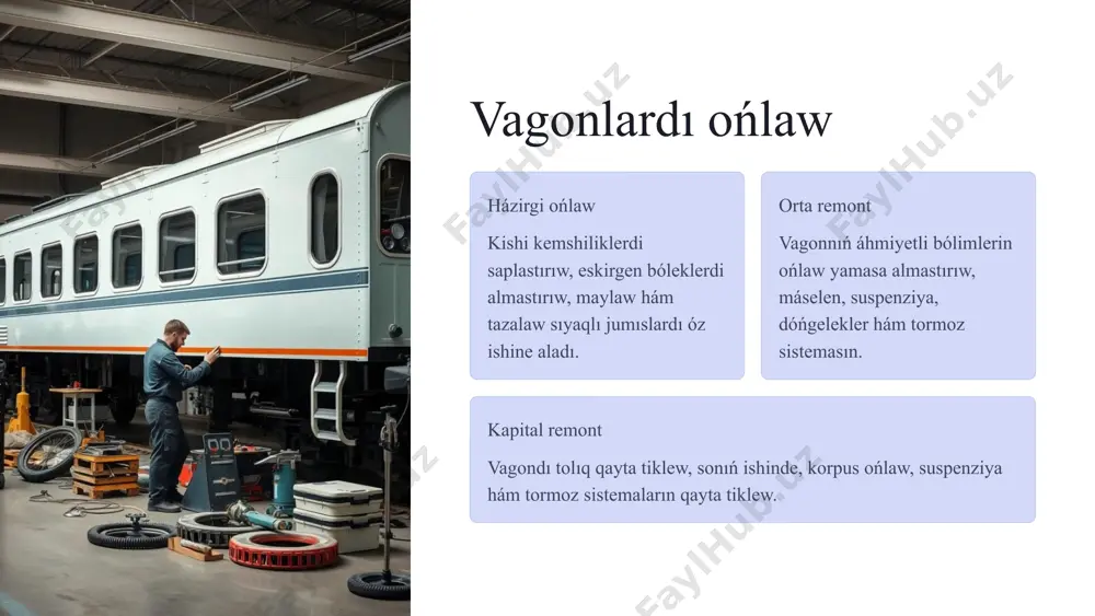 ler hám innovaciyalar keltirilgen. fazliddinov k., "transport hám logistika sistemasında texnikalıq xizmet kórsetiw" usı kitapta temir jol transportı, vagonlarǵa texnikalıq xizmet kórsetiw hám logistika sistemalarınıń nátiyjeli islewin támiyinlew usılları haqqında maǵluwmatlar berilgen. image3.png image4.png image5.png image6.png image7.png image8.png image9.png image10.png image11.png image12.png image13.png image14.png image15.png image16.png image17.png image18.png image19.png