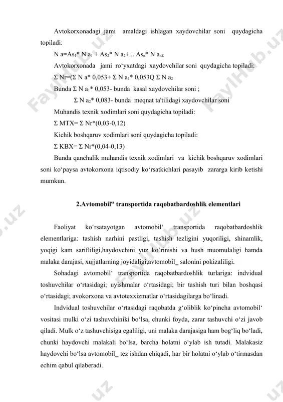 yo‘nalishdagi taksi bilan raqobatlashuvi; yo‘nalishdagi taksini engil taksi bilan raqobatlashuvi; bir markani boshqasi bilan raqobatlashuvi orqali g‘oliblik k‘, o‘pincha narxni past ushlagan tomonga og‘adi. oxirgi vaqtlarda yo‘lovchilar vaqtni yo‘qotmaslikka xarakat qilib o‘zlariga kerakli tashish turiga o‘tib ketmoqdalar.umumiy tahlil natijalariga qaraganda bir necha tashish turi ichida erkin faoliyat tashkil qilinganda g‘oliblik qisqa masofalarda engil avtomobillarga, o‘rta masofalarda yo‘nalishdagi taksilarga, uzoq masofalarda avtobuslarga to‘g‘ri kelmoqda. 3.muhandislik faoliyatini rivojlantirish asoslari. muhandislik faoliyatini rivojlantirish asoslariga: yo‘lovchilarni tashishdagi vaqtini qisqartirish; qulaylilikni yaratish; foydalilikni ta‘minlash; xavf-xatarni oldini olish; tashish narxini arzonlashtirish; alternativ energiya va yo‘nilg‘i turlariga o‘tish. yo‟lovchilarni tashishdagi vaqtini qisqartirish- bu bo‘icha avtobusdan yo‘nalishdagi taksiga o‘tish bilan shaharda o‘rtacha 8-9 km/soatga tezlik ortdi. bundan ham tezroq yurish uchun ta‘biy tanlanish engil taksilar yo‘nalish bo‘yicha qatnashi ham vaqtini tejashga urinayotgan yo‘lovchilar uchun qo‘l kelmoqda. markaziy shaxarlarda bu borada yer ostida xarakatlanuvchi metrolar tashkil qilingan. shahar bilan shaharni bog‘lovchi tezyurar poeyzdlar tashkil qilindi. masalan toshkent – samarqand …