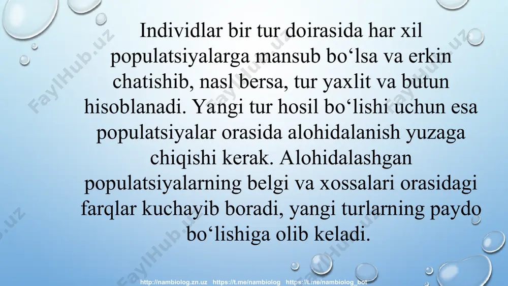 og.zn.uz https://t.me/nambiolog https://t.me/nambiolog_bot filippinda 10 ming yil oldin paydo bo‘lgan lanao ko‘lida yagona bitta ajdod baliq turidan simpatrik yo‘nalish bilan 18 ta baliq turi, yonsuzar qisqichbaqa turkumining bir ajdod turidan 250 ta yangi tur paydo bo‘lgani ma’lum. shu singari sim- patrik yo‘nalishdagi yangi turlarning paydo bo‘ lishi ekologik alohidalanish natijasi ekanligidan dalolat beradi. http://nambiolog.zn.uz https://t.me/nambiolog https://t.me/nambiolog_bot katta chittak (bog‘larda yirik hasharotlar) ekologik alohidalanish natijasida umumiy areal doirasida chittaklarning 5 turi kelib chiqqan. moskovka chittagi (hasharotlar tu- xumlari va qurtlari) lazorevka chittagi (daraxt, butalar po‘stlog‘i orasidagi mayda hasharotlar) kokilchali chittak (o‘simlik urug‘lari) http://nambiolog.zn.uz https://t.me/nambiolog https://t.me/nambiolog_bot xromosoma va genom mutatsiyalari, duragaylash natijasida yangi turlarning hosil bo‘lishi ham simpatrik tur hosil bo‘lish yo‘nalishiga misol bo‘ladi. ba’zi hollarda hujayraning bo‘linish jarayonida tashqi muhitning omillari ta’sirida xromosomalarning tarqalishi buziladi. xromosoma sonining ortishi yoki kamayishi yangi turlarning kelib chiqishiga asos bo‘ladi. http://nambiolog.zn.uz https://t.me/nambiolog https://t.me/nambiolog_bot murakkabguldoshlar oilasiga kiruvchi skerda avlodida 3, 4, 5, 6, 7 xromosomali, iloq …