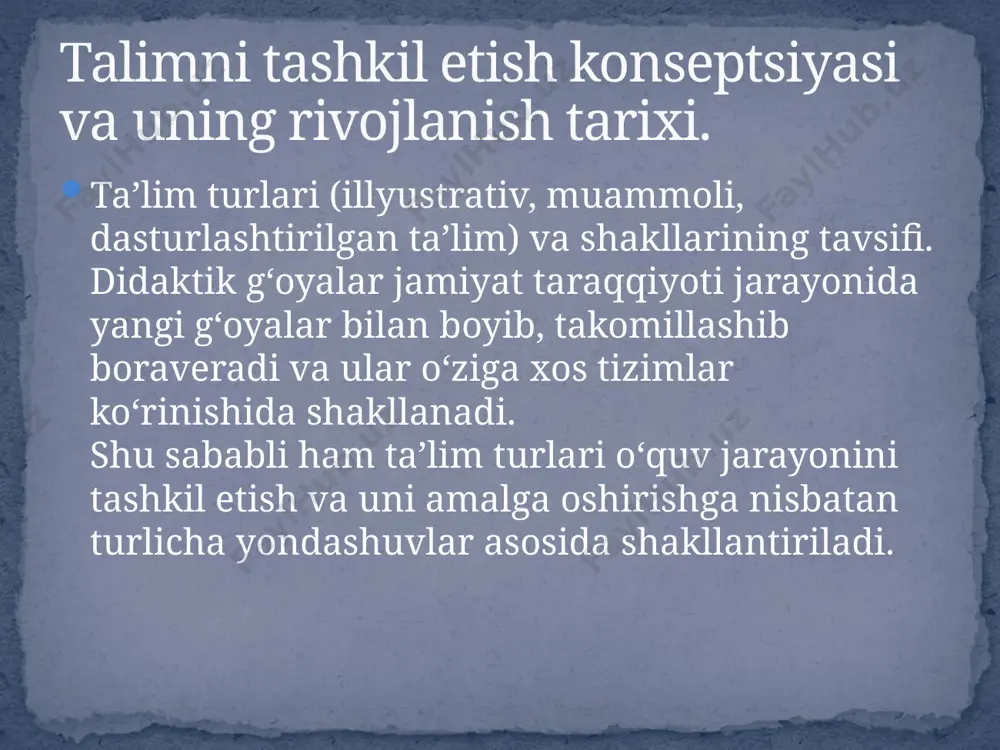 . hozirgi kunda ta’lim jarayonida qo’llanilayotgan sinf - dars tizimi quyidagi tashkiliy shakllarda olib borilmoqda: dars mashg’uloti asosan 45 minutga mo’ljallangan bo’lib, qat’iy jadval orqali olib boriladi. har qaysi sinf yoshi va bilimiga ko’ra bir xil darajadagi bolalarning doimiy guruhiga ega bo’ladi. dars bevosita o’qituvchining rahbarligida jamoa va yakka shaklda olib boriladi. noananaviy bo'lmagan dars - noan'anaviy (noma'lum) tuzilishga ega bo'lgan improvizatsiya qilingan o'quv mashg'ulotlaridir. pedagogik adabiyotlarning tahlili bir necha o'nlab turdagi nostandart darslarni ajratish imkonini berdi, ammo ular bitta maqsadga birlashtirilgan - asosiy qonunning bajarilishiga olib keladigan yangi usullar, shakllar, texnikalar va o'qitish vositalarini ishlab chiqishdan iborat boldi. pedagogika -o'quv faoliyati to'g'risidagi qonun. ularning ismlari konsultatsiya darsi yoki o'quv mashg'ulotlari kabi tadbirlarni o'tkazish maqsadlari, vazifalari, maqsadlari,bunday faoliyatlarni o'tkazish g'oyalarini beradi. nostandard darslar. talimni tashkil etishning yordamchi shakllari. shuni ta'kidlash kerakki, o'qituvchilarning noan'anaviy bo'lmagan darslardan foydalanish haqida "ba'zi darslar o'qituvchining chekinishi bilan o'qituvchining iste'foga chiqishi va darsda ishlashni istamagan talabalarning …