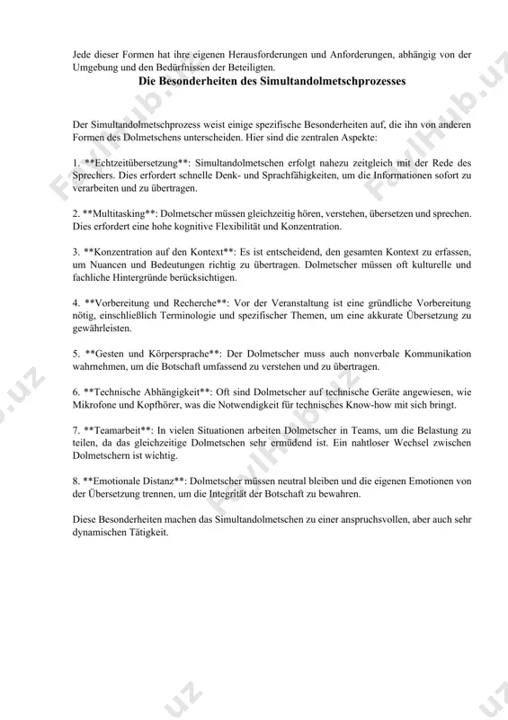die rede in echtzeit über headsets. 2. **verhandlungsdolmetschen**: in bilateralen oder multilateralen verhandlungen eingesetzt. hier sitzen dolmetscher oft am tisch und dolmetschen direkt zwischen den gesprächspartnern, häufig ohne technische hilfsmittel. 3. **begleitdolmetschen**: der dolmetscher begleitet eine person oder gruppe, z.b. bei betriebsbesichtigungen oder exkursionen. er dolmetscht in unmittelbarem kontakt mit den teilnehmern. 4. **fern-dolmetschen**: mit der zunahme von virtuellen meetings und online-konferenzen wird das dolmetschen über video- oder telefonkonferenzen immer häufiger. dolmetscher arbeiten aus einem remote-standort und nutzen digitale plattformen. 5. **einsatz von software**: einige dolmetscher nutzen spezielle software zur unterstützung, um notizen zu machen oder sich auf komplexe terminologie vorzubereiten. jede dieser formen hat ihre eigenen herausforderungen und anforderungen, abhängig von der umgebung und den bedürfnissen der beteiligten. die besonderheiten des simultandolmetschprozesses der simultandolmetschprozess weist einige spezifische besonderheiten auf, die ihn von anderen formen des dolmetschens unterscheiden. hier sind die zentralen aspekte: 1. **echtzeitübersetzung**: simultandolmetschen erfolgt nahezu zeitgleich mit …
