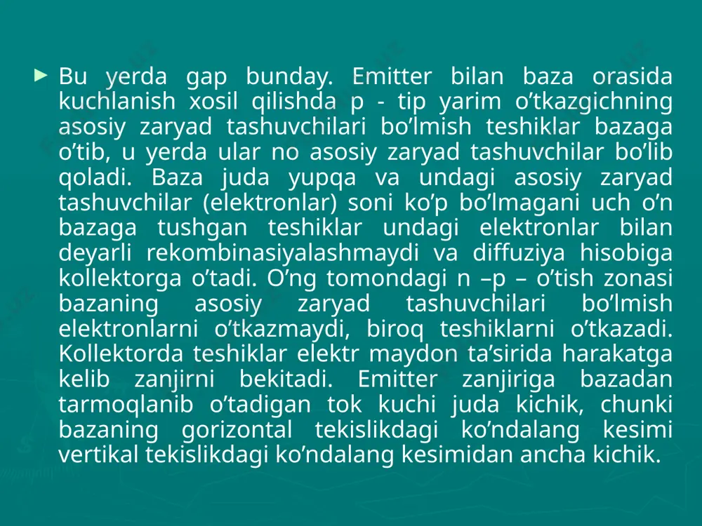 chilari. yuqorida aytilganidek, emitterdan bazaga purkalgan elektronlarning hammasi ham kollektor o’tishga yetib bormaydilar va kollektor tokini hosil qilishda ishtirok etmaydilar. elektronlarning bir qismi baza sohasida bu sohaning asosiy zaryad tashuvchilari bo’lgan kovaklar bilan rekombinatsiyalanadi. emitter va kollektordagi toklarning farqi, ya’ni bazada rekombinatsiyalanuvchi elektronlar, bazaning rekombinatsiya toki deb ataladi. tokning rekombinatsiyaviy tashkil etuvchisini kamaytirish maqsadida bazaviy soha kengligini elektronlarning diffuziyaviy yugurish uzunligidan kichikroq qilinadi. image1.wmf image2.wmf oleobject1.bin oleobject2.bin image3.wmf image4.wmf oleobject3.bin oleobject4.bin oleobject5.bin oleobject6.bin image5.wmf image6.wmf oleobject7.bin oleobject8.bin oleobject9.bin oleobject10.bin oleobject11.bin image7.png image8.png image9.jpeg image10.jpeg image11.wmf image12.wmf image13.wmf oleobject12.bin oleobject13.bin oleobject14.bin image14.wmf image15.png oleobject15.bin - n - n - - n p - p - - n p - p ( ) nk pk nk k j j j j / + = nk j - pn j b k e i i i + = /docprops/thumbnail.jpeg