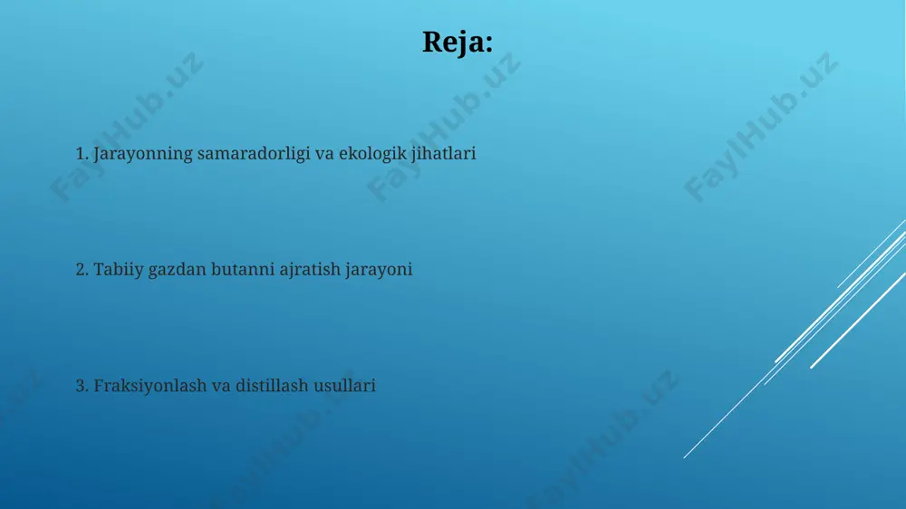 tarkibidagi kislotali gazlarni, xususan, vodorod sulfidni (h2s) 100 ppm dan pastga tushirish uchun, o‘zbekistonning sharq gaz koni yaqinida, aminli yoki monoetanolaminli yuvish usuli qo‘llaniladi. past haroratli fraksiyonlash usuli gazni tozalash zavodlarida, masalan, qashqadaryo viloyatida joylashgan zavodlarda, past haroratli fraksiyonlash jarayoni 3-5 bosqichda amalga oshiriladi, bu esa butanning yuqori tozalikdagi mahsulot sifatida olinishiga imkon beradi. o'zbekistonning gaz kondensat yotqiziqlarida, masalan, muborak gaz kondensat konida, past haroratli fraksiyonlash usuli yordamida butan ajratish jarayoni 1970-yillardan buyon qo'llanila boshlangan. butanning fizikaviy va kimyoviy xossalari бутаннинг молекуляр массаси 58 г/моль бўлиб, бу унинг табиий газ компонентелари орасида нисбатан оғирроқ эканини ва шунинг учун ажратиш жараёнида сепараторларда тўпланишини билдиради. россия ва қозоғистондаги газ қайта ишлаш заводларида бу жараён кенг қўлланилади. бутаннинг қайнаш температураси -1 °c атрофида бўлиб, бу уни табиий газдан фракцион дистилляция орқали ажратиб олиш имконини беради, чунки бошқа газларнинг қайнаш температураси бошқача. energiya samaradorligi va iqtisodiy jihatlari бутанни криоген усул билан ажратиш учун сарфланадиган …