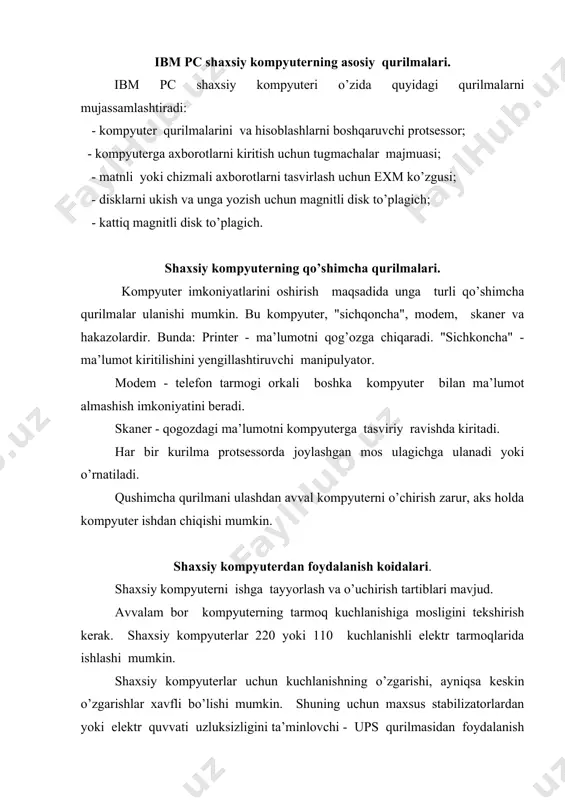 di hamda elektr manbai o’chirilgandan keyin muayyan vakt davomida kompyuter ishlashini ta’minlab turadi. bu vaqt kompyuterda bajarilayetgan ishlarni tugatish uchun yetarlidir. masalan kerakli ma’lumotlarni diskka yozib qo’uyish yoki programmalar ishigi to’latish uchun va hokazo. kompyuterni ishga tayyorlash tartibi. kompyuterni ishga tayyorlash tartibi quyidagichacha stalibizator yoqiladi, protsessor yoqiladi, monitor yoqiladi, printer kerak bo’lsa, u ham yoqiladi.. shundan keyin ekranda tekshiruvchi maxsus programma, hamda operatsion sistemani ishga tushiruvchi dasturlar haqida ma’lumotlar chiqadi. operatsion sistema ishga tushgach u komandalar berishni taklif qiladi. kompyuterdan to’liq foydalanish to’g’ri o’chirishga ham bog’liq. buning uchun quyidagilar bajariladi. ishlayotgan programmalar tugatiladi protsessor o’chiriladi printer yoqilgan bo’lsa o’chiriladi. stalibizator o’chiriladi. kompyuter kurilmalarining vazifalari va turlari. protsessor asosan quyidagi qurilmalardan tashkil topadi. mikroprotsessor - kompyuterni boshqarish va barcha hisob ishlarini bajaradi. mikroprotsessor turli amallarni tez bajarish qobiliyatiga ega. uning tezligi sekundiga 100 million amalga va undan ortiq bo’lishi mumkin. тezkor xotira protsessor uchun zarur bo’lgan dasturlar va ma’lumotlarni saqlaydi. kompyuter …