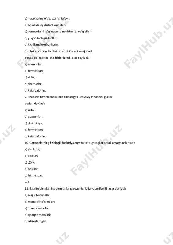imiga quyidagilar kiradi: a) jigar; b) parotid bezi; v) qalqonsimon bez; d) jag' osti bezi. 15. markaziy ichki sekretsiya bezi: a) buyrak usti bezi; b) gipofiz bezi; v) qalqonsimon bez; d) paratiroid. 16. ichki sekretsiya bezlari: a) sirlar; b) axlat; c) fermentlar; d) gormonlar. 265 17. gipotalamusning neyronlari gormonlar ishlab chiqaradi: a) antidiuretik; b) oksitotsin; c) liberinlar va statinlar; d) vazopressin. 18. ishlab chiqarishni tezlashtiradigan gipotalamusning neyrosekretsiyalari gipofizning oldingi qismidagi gormonlar deyiladi: a) fermentlar; b) statinlar; c) liberinlar; d) sirlar; d) katalizatorlar. 19. ishlab chiqarishni inhibe qiluvchi gipotalamusning neyrosekretsiyalari gipofizning oldingi qismidagi gormonlar deyiladi: a) liberinlar; b) katalizatorlar; c) fermentlar; d) statinlar; d) peptidlar. 20. sfenoid suyagi tanasining gipofiz chuqurchasida joylashgan bez: a) epifiz; b) qalqonsimon bez; v) gipofiz bezi; d) paratiroid. 21. gormonlarning eng katta miqdori gipofiz bezida ishlab chiqariladi: a) old; b) o'rtacha; v) oraliq; d) orqaga. 22. inson tanasining rivojlanishi va o'sishi gipofiz gormoni tomonidan tartibga solinadi: …