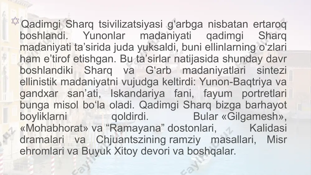 ken shahri yunon madaniyatining asosiy markazlari sanalgan. shuningdek, bu davrni afsonaviy podsho minosning nomi bilan minoy madaniyati deb ham atashadi. 01 lorem ipsum dolor lorem ipsum dolor 02 01 mil. av. iii minginchi yillarning oxiri, ikki minginchi yillarning boshlarida krit orolida knoss, festa, mali va kato-zakro shahar davlatlari vujudga keldi. shaharlarning tutgan o‘rni hisobga olinib, ba’zida ularni «saroy madaniyati» deb ham atashadi. bu davrda asosiy mashg‘ulot qishloq xo‘jaligi bo‘lib, bunda don, uzum, zaytun yetishtirilgan. xo‘jalikda chorvachilik, hunarmandchilik va savdo ham muhim o‘rin tutgan. xix asrning 70 yillarida nemis arxeologi genrix shliman egey dengizi qirg‘oqlarida qazuv ishlari olib bordi va natijada 7 ta shaharni aniqladi. shaharlarning biridan oltin san’at buyumlari xazinasi topildi. lorem ipsum dolor 02 lorem ipsum dolor 03 contents krit madaniyatiga taalluqli knoss saroyi «labirint» (yunon-xonalari behad ko‘p, yo‘laklari odamni adashtiruvchi ulkan bino) nomi bilan tarixga kirgan bo‘lib, u ko‘p qavatli, 300 xonadan iborat, 16 ming kv.m. maydonni egallagandi. …