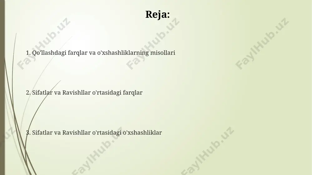 o‘plik), lekin ravishalar son jihatdan o‘zgarmaydi. masalan, "ikki chiroyli gul" (sifat), lekin "juda chiroyli" (ravish) son jihatdan o‘zgarmaydi. xulosa: umumiy xulosalar ikkala so'z turkumi ham daraja bo'yicha o'zgarishlarga uchraydi – masalan, 1-daraja, 2-daraja, yuqori daraja kabi; lekin bu o'zgarishlar morfologik jihatdan farq qiladi. sifatlar asosan otlarni, ravishchalar esa fe'llarni, sifatlarni va boshqa ravishchalarni tavsiflaydi, bu ularning asosiy sintaktik funksiyalarida aniq farqni ko'rsatadi. sirtqi ko'rinishdagi farqlarga qaramasdan, sifatlar va ravishchalar ikkalasi ham gapdagi otlar va fe'llarni aniqroq tasvirlash vazifasini o'taydi, shuningdek, ularning 2 ta asosiy grammatik toifasi mavjud. sifatlarning turlari va ravish turlari sifatlar otlarni aniqlashtirib, ularning belgisini bildiradi, 2 ta asosiy turi (sifatdosh va sifat) mavjud, ravish esa fe'l, sifat yoki boshqa ravishni aniqlaydi. sifatlar darajalarga (taqqoslash darajalari: oddiy, orttirma va eng orttirma) ega, ravish esa ba'zi turlari (masalan, miqdor ravish) darajalarga ega bo'ladi. sifatlar son jihatdan birlik, ko'plik va jinsga bo'linadi, lekin ravish bu jihatlarga ega emas, faqat ma'no …