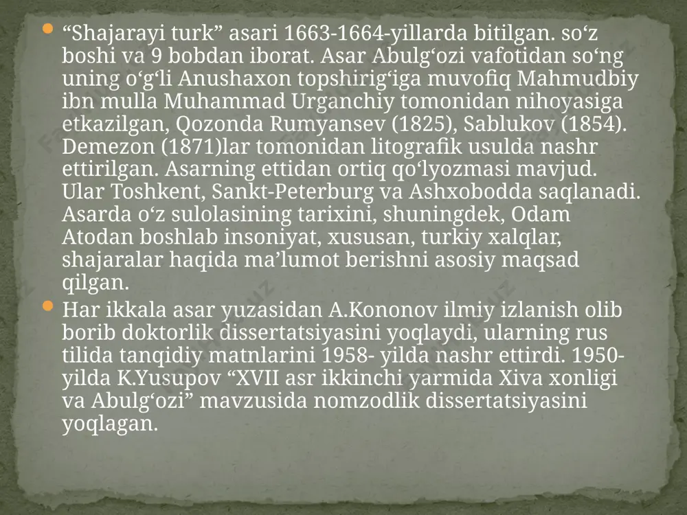 asarlarini kitobat qilgan. xattotlikni ilmiy-nazariy jihatdan takomillashtirishga bag‘ishlangan, 352 misradan iborat “savodi ta’lim” risolasi 1804-yilda yozilgan. o‘zbek xalqi tarixini yorituvchi noyob manba sanalgan “firdavsul iqbol” asarida qadimgi davrlardan 1813- yilgacha bo‘lgan voqealar haqida ma’lumot beriladi. 5 bobdan tashkil topgan asar shoirning jiyani ogahiy tomonidan yakuniga yеtkazilgan. leksik jihatdan o‘sha davr uchun xarakterli bo‘lgan badiiy vosita sifatida izofali birikmalarning ko‘p ishlatilishidir: ahli dāniš, ahli gulšan, ātaši išqïŋ, ganji husn, guli latif kabilar. ikkinchidan, xalq so‘zlashuv tilidagi boyliklardan ustalik bilan foydalanilgan: umač, atala, taŋ, laŋ, yavğan, taqïr-tuqur, šaqur-šuqur, qabağ, tapuq, qapu, evür, yurumaq, batan kabi. mutaxassislarning ta’kidicha, “devoni munis”da 5500 atrofida77 leksema qo‘llanilgan. munis asarlari tilida qaratqich kelishigi -nïŋ, -ning, -ïŋ, -iŋ, tushum kelishigi -nï, -ni, -n, chiqish kelishigi -din shakllariga ega: munïŋ, anïŋ, tilidin, bašlarnï, köŋülni, oğlïn, jununidin. jo‘nalish kelishigining -ğa -gä, -qa, -kä, -a affikslari uchraydi: giyahg‘a, kimga, nuqsonima, topuqqa kabi. ravishlar kibi, yaŋlïğ, ču, čun, boyla, boylakïm so‘zlari bilan …