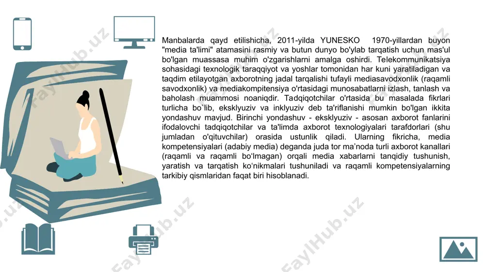 a hisoblanib u media ma’lumotlarni turli ko’rinishda uzatish va baholash, o’rganish, yetkaza bilish kabi ma’nolarni o’z ichiga oladi. add skills – 70% add skills – 80% add skills – 60% add skills – 90% media kompetentlik tushunchasining ildizlarini dieter baackening “muloqot va kompetensiya” (1973/1980) gabilitatsion dissertatsiyasida topish mumkin, unda kommunikativ kompetentsiya tushunchasi birinchi marta ishlab chiqilgan. chomskiyning lingvistik kompetentsiya kontseptsiyasiga (1972) va habermasning kommunikativ kompetentsiya nazariyasi loyihasiga (1971) murojaat qilib, baacke kommunikativ kompetentsiyani "til va xulq-atvor kompetensiyasi" sifatida shakllantirdi. shunday qilib, media kompetentsiya "muloqot va harakat repertuari uchun barcha turdagi ommaviy axborot vositalaridan faol ravishda foydalanish" qobiliyatini ifodalaydi mediakompitentlik - bu insonning turli shakllarda media matnlarini tanlash, foydalanish, tanqidiy tahlil qilish, baholash, yaratish va uzatishga tayyorligida namoyon bo'ladigan integral sifati, turlari, shakllari va janrlari, jamiyatdagi ommaviy axborot vositalari faoliyatining murakkab jarayonlarini tahlil qilish. mediakompitentlik tushunchasi koʻp qirrali. chunki, u ham bilimni, ham faoliyat usullarini, ham shaxsiy xususiyatlarni ifodalaydi, u bir …