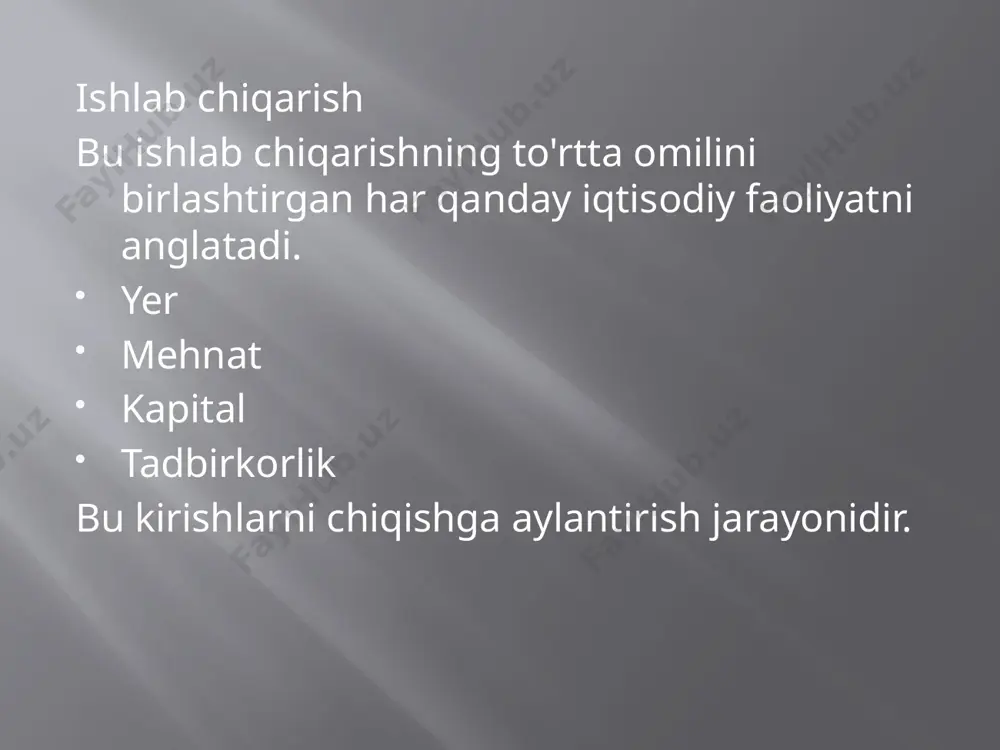 lab chiqarish tushunchalari umumiy mahsulot - bu ishlab chiqarish jarayonida barqaror va o'zgaruvchan kirishlardan foydalangandan so'ng ishlab chiqarilgan jami mahsulotni anglatadi. o'rtacha mahsulot - ishlatilgan kirishning umumiy birliklariga bo'lingan umumiy mahsulotga teng bo'lgan mahsulot. kirishning chegaraviy mahsuloti - boshqa kirishlar doimiy saqlanib turganda, kirishning qo'shimcha 1 birligi tomonidan ishlab chiqarilgan qo'shimcha mahsulot. mehnatning so'nggi mahsuloti - bu 1 ishchi kuchini qo'shish orqali olingan qo'shimcha yoki qo'shimcha mahsulot. quyidagi tenglama yordamida marjinal mahsulotni olishimiz mumkin: tp2-tp1 il2-il1 m p = mp = ∆tp ∆i1. umumiy mahsulot, marjinal mahsulot va o'rtacha mahsulotning grafik ko'rinishi: ushbu raqam umumiy, marjinal va o'rtacha mahsulotlarni ko'rsatadi. jami mahsulot pasayish sur'ati bilan ortadi, bunda marjinal va o'rtacha mahsulotlar avval ko'payadi va maksimal darajaga etadi va keyinchalik pasayadi. qaytishni kamaytirish qonuni agar biz boshqa kirishlarni mahkam ushlab tursak, qo'shimcha kirish miqdorini qo'shsak, kamroq va kamroq ortiqcha hosil olamiz degan xulosaga keladi. boshqacha qilib aytganda, har bir kirish birligining …