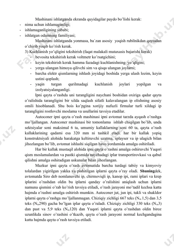utgich 4-rasm. autoconer 338 rm ipni qayta o’rash mashinasining tuzilishi. 5-rasm. ipni ulash uchun splayser tizimi sxemasi a) ortiqcha qismlarni qirqish; b) ipga buram berish; v) 5 mpa bosim ostida havo berish. a) b) v) g) 6-rasm. splayser tizimida iplarni ulash a) parallel joylashgan iplar; b) ulanishdan ortiqcha qismlar qirqiladi; v) ipga buram beriladi; g) bir tekis ip hosil qilinadi image1.emf image2.png image3.png image4.jpeg image5.emf