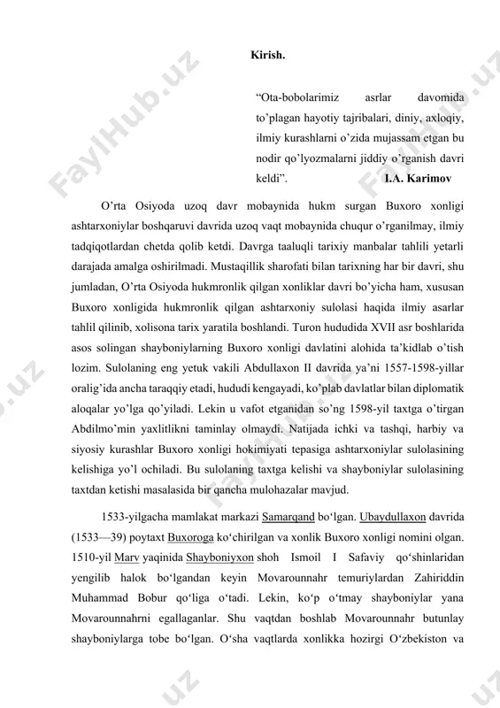 ganlar. shu vaqtdan boshlab movarounnahr butunlay shayboniylarga tobe boʻlgan. oʻsha vaqtlarda xonlikka hozirgi oʻzbekiston va tojikistonning katta qismi, balx va badaxshon kirgan. ubaydullaxon vafotidan keyin buxoro xonligi mayda boʻlaklarga boʻlinib ketgan. buxoroda ubaydullaxonning oʻgʻli abdulazizxon, samarqandda esa koʻchkunchixonning oʻgʻli abdullatifxon mustaqillik eʼlon qilgan. balx va badaxshonda shayboniylardan pirmuhammadxon mustaqil hukmronlik qilgan. shu yillari shayboniy sultonlari va mahalliy mulkdorlarning hokimiyat uchun kurashi kuchaygan. 1. buxoro xonligida ijtimoiy hayot “shayboniylar buxoroda 1598-yilgacha hukmronlik qildilar keyin esa hokimiyatga joniylar keladi. ular jo’jining o’g’li o’rda avlodidan bo’lib, shayboniylarga ona tarafdan qarindosh edi”. lekin ayrim manbalarda ashtarxoniylar sulolasi jo’jixonning o’n uchinchi o’g’li to’qay temurga borib taqaladi. jo’jixonning katta o’g’li botuxon to’qay temurga 14 ulusni mulk qilib bergan degan fikrlar ham mavjud. shunday qilib 1601-yilda buxoro xonligida hokimiyat yangi sulola-ko’p hollarda joniylar(joni muhammad nomidan) yoki ashtarxoniylar (kelib chiqish o’rni bo’yicha) degan nom bilan yuritilgan to’qay temur sulolasiga o’tdi. ba’zi manbalarda aytilishicha buxoro taxtiga boqi muhammadxon o’z …