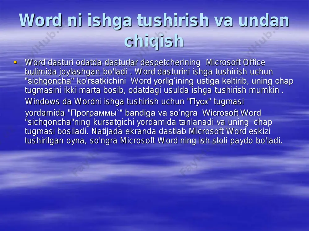 ida turli xalqlarning tillarida xujjatlar tayyorlash imkoniyati mavjudligidir. buning uchun сервис bo'limining язык bandidan выбрать язык qismiga o’tadi. xosil bo'lgan darchadan mavjud til tanlab olinadi. tanlab olingan til asosida kiritilgan xujjatdagi grammatik, stilistik va orfografik xatolar «правописание» bandi yordamida tuzatiladi.  «статистика» bandi yordamida komp'yuter xotirasiga kiritilgan xujjatning xajmi, undagi so'zlar, belgilar va satrlar soni aniqlanadi.  «автореферат» bandi yordamida ingliz tilida yozilgan risolaning qiskacha moxiyatini asosiy so'zlardan foydalanib, izox ko'rinishida olish mumkin. matnlarni kiritish va saqlash.  agar buyruqlar satrida argumentsiz wordni ishga tushirgan bo’lsangiz, u xolda kompyuter yangi xujjatni “документ 1” shartli nom bilan boshlashni taklif etadi. ushbu xujjatning shabloni normal.dat fayl standart fayl shaklida saqlanadi. yangi saxifa ochilgandan so’ng kerakli xujjat klaviatura tugmachalari orqali kiritiladi.  odatda, matn klaviatura qurilmasidan terib kiritiladi. dastlab, ko’rsatkich ekranda kerakli joyga keltiriladi. kiritilayotgan matn ko’rsatkich turgan joyga joylashadi.  agar kirill alifbosidan lotin alifbosiga o’tish lozim bo’lsa [alt]-[shift] tugmachalar majmuasidan foydalaniladi. …
