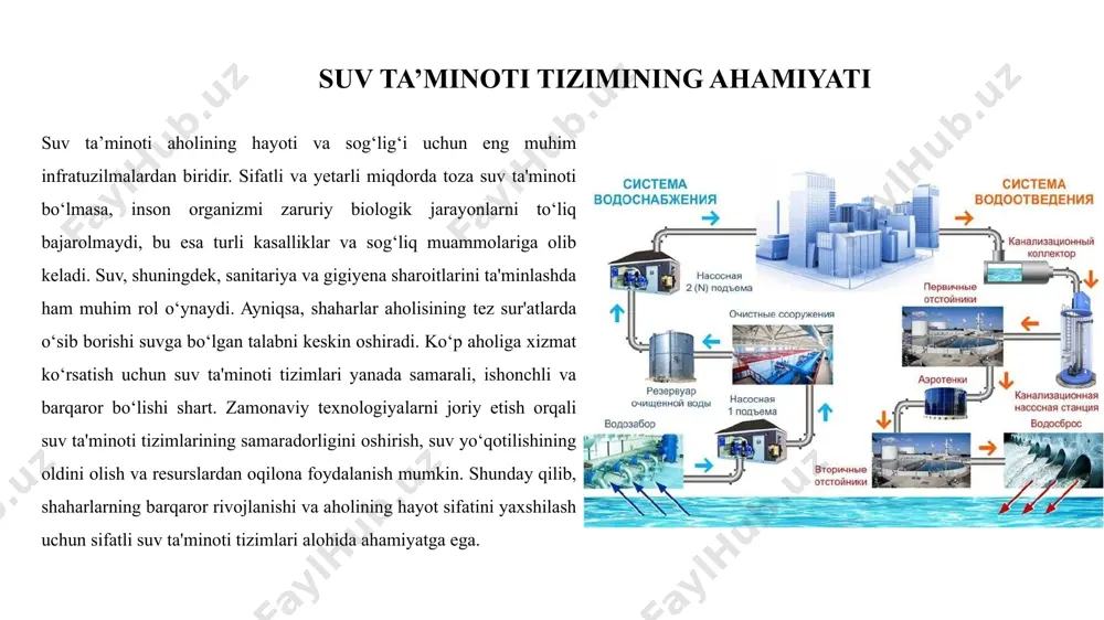 a kelmoqda. eskirgan infratuzilma va suv yo‘qotishlarni kamaytirish uchun innovatsion yechimlar talab qilinadi. suv resurslari chegaralanganligi sababli ularni tejash va ekologik barqarorlikni ta’minlash muhim ahamiyatga ega. yangi texnologiyalar yordamida suv ta'minoti tizimlarida energiya samaradorligini oshirish, suv sifatini nazorat qilish va uzluksiz ta'minotni ta’minlash mumkin. bularning barchasi aholiga sifatli, ishonchli va doimiy suv yetkazib berishni ta’minlashga xizmat qiladi. suv tejovchi texnologiyalar suv tejovchi texnologiyalar qishloq xo‘jaligida suv resurslarini samarali ishlatishga yordam beradi. tomchilatib sug‘orish orqali suv bevosita o‘simlik ildizlariga yetkazilib, suv sarfi sezilarli darajada kamayadi va ekinlarning hosildorligi oshadi. yomg‘irlatib sug‘orish tizimlari katta maydonlarni teng va samarali sug‘orish imkonini beradi, bu esa suv isrofini kamaytiradi. lazerli tekislash esa yer maydonlarini aniq tekislashtirib, suvning teng taqsimlanishini ta’minlaydi, natijada sug‘orish samaradorligi oshadi va suv resurslaridan oqilona foydalaniladi. ushbu texnologiyalar o‘zbekistonda suv ta’minotini yaxshilashda muhim rol o‘ynaydi. quyosh energiyasidan foydalanish quyosh energiyasidan foydalanish suv ta'minoti tizimlarida energiya samaradorligini oshirishga yordam beradi. quyosh suv isitgichlari …
