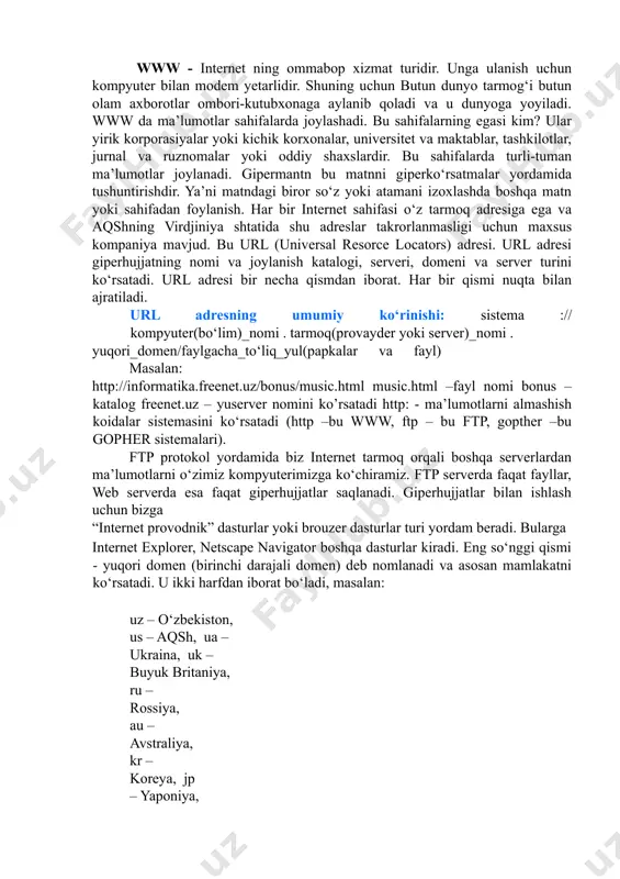 mumkin, degan so‘zlar ko‘prok uchrab turibdi. shu bilan birga elektron nashrlar tushunchalarining kamrovi oyma-oy kengayib bormoqda. elektron usulda chop etilgan yangi-yangi jurnallar paydo bo‘lmoqda. internet dan asosan 7 yo‘nalishda foydalaniladi: 1) e-mail – elektron aloqa (pochta) 2) chat - intraktiv suxbatlar (irc tarmok yoki e-mail) 3) ma’lumotlarni www (world wide web) yoki gopher yordamida izlash. 4) ma’lumotlar bilan almashish usenet 5) dasturlarni uzokdan boshkarish 6) interaktiv uyinlar. 90- yillar internet da xizmat tarmoqlari tashkil qilingan davr bo‘ldi. 1990 yili bill xilan, elan emtidj va piter deych archie programmasini ishlab chiqishdi. 1991 yili bryuster kaale wais programmasini tuzdi, minnesota universitetida pol lindner va mark mak-kayl tomonidan gopher programmasi tuzildi. 1992 yilda nevada shtati universitetida yaratilgan veronica sistemasi ishga tushirildi va shu sababli tarmoqdagi kompyuterlar soni milliondan oshib ketadi. ammo internet ning 90-yillardagi rivojlanishiga asosiy sabab world wide web (butun dunyo tarmog‘i) ning tuzilishi bo‘ldi. uni birinchi nusxasini 1990 yilining noyabrida cern …