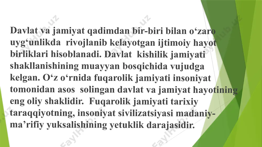 ining asosiy belgilari va xususiyatlari 6. davlat, davlat idoralari va fuqarolar huquqning teng subyekti sifatida munosabatga kirisha olishi, ularning sudda teng taraflar sifatida maydonga chiqa olishi. fuqarolar huquqlarini kafolatlash mexanizmlarining yaratilganligi. 8. jamiyatning yuksak ma’naviy-madaniy'va axloqiy rivojlanganligi, insonlar o‘rtasidagi munosabatlar o'zaro hurmat doirasida, shaxs qadrini e’zozlash asosiga qurilganligi. 5. shaxsning davlat hokimiyatiga nisbatan mulkiy va iqtisodiy mustaqilligi. 7. fuqarolik jamiyatining tarkibiy institutlari, jumladan, fuqarolarning ozini o‘zi boshqarish organlari tizimining mavjudligi. fuqarolik jamiyati institutlarini quyidagi mezonlar bo‘yicha tasniflash mumkin: 1. iqtisodiy sohadagi manfaatlarni qanoatlantiruvchi tuzilmalar: xususiy mulk asosida vujudga keladigan va faoliyat yuritadigan nodavlat tashkilotlari; tadbirkorlar uyushmalari (palatasi) va boshqalar. 2. ijtimoiy sohadagi manfaatlarni ifodalovchi tuzilmalar: ta’lim-tarbiya muassasalari (maktab, o‘rta maxsus va oliy ta’lim muassasalari); fuqarolarning o'zini o‘zi boshqarish organlari; mustaqil ommaviy axborot vositalari; diniy tashkilotlar; milliy-madaniy markazlar va boshqalar 3. siyosiy sohadagi manfaatlarni aks ettiruvchi institutlar va tuzilmalar: siyosiy partiyalar; ijtimoiy-siyosiy harakatlar; inson huquqlarini himoya qiluvchi institutlar va boshqalar. o'z …