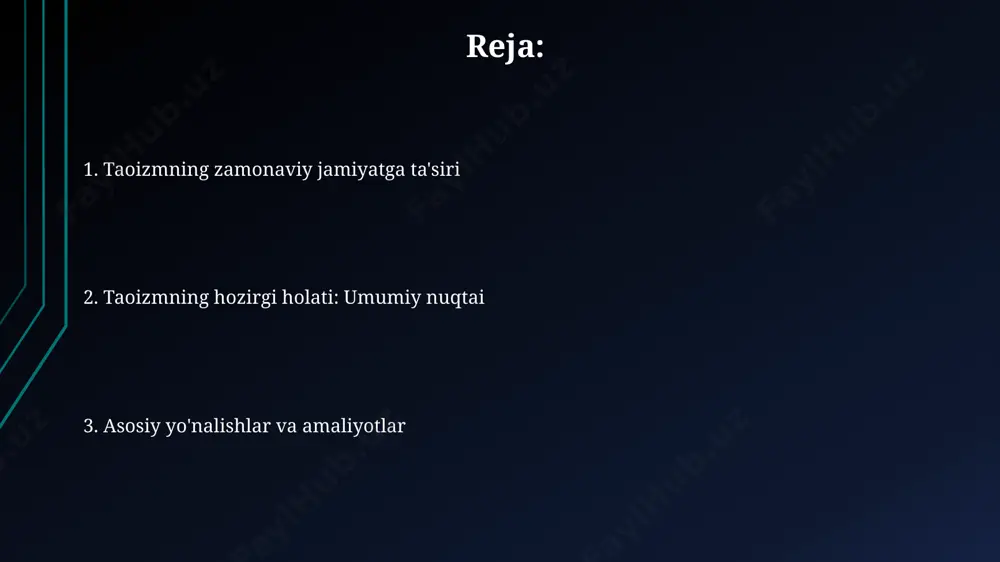 imi hisoblanadi. taoizmning lingbao maktabi, iv asrda paydo bo'lgan, kosmologiya va ruhan tozalashga katta e'tibor qaratadi, shuningdek, murakkab marosimlari va xudolarga sig'inishi bilan mashhur. taoizm va ekologiya taoizm ta'limotida tabiat bilan uyg'unlik, 10 000 ta narsaning o'zaro bog'liqligi, va har bir narsaning o'z o'rniga ega ekanligi ta'kidlanadi, bu esa ekologik muvozanatni saqlashga undaydi. taoizmning *wu wei* printsipi, ya'ni 'harakatsizlik bilan harakat qilish', insonning tabiatga minimal ta'sirini nazarda tutadi, bu esa barqaror rivojlanish strategiyalarini qo'llab-quvvatlashga asos bo'ladi. taoizmning falsafiy ta'siri taoizmning 'wu wei' konsepsiyasi passivlikni emas, balki vaziyatning tabiiy oqimiga moslashish orqali 100% samaradorlikka erishishni targ'ib qiladi. taoizmning 'yin va yang' dualistik falsafasi 5 ta element nazariyasi bilan uyg'unlashib, tabiatdagi muvozanat va o'zaro bog'liqlikni ifodalaydi. bunga ko'ra 2 xil kuch mavjud. xulosa: taoizmning davom etayotgan ahamiyati taoizmning qadriyatlari, jumladan, soddalik va tabiiylik, isteʼmolchilik madaniyatiga qarshi turish va ekologik onglilikni oshirish orqali jamiyatga taʼsir koʻrsatishda davom etmoqda. ko‘pgina zamonaviy amaliyotchilar taoizmning meditatsiya …