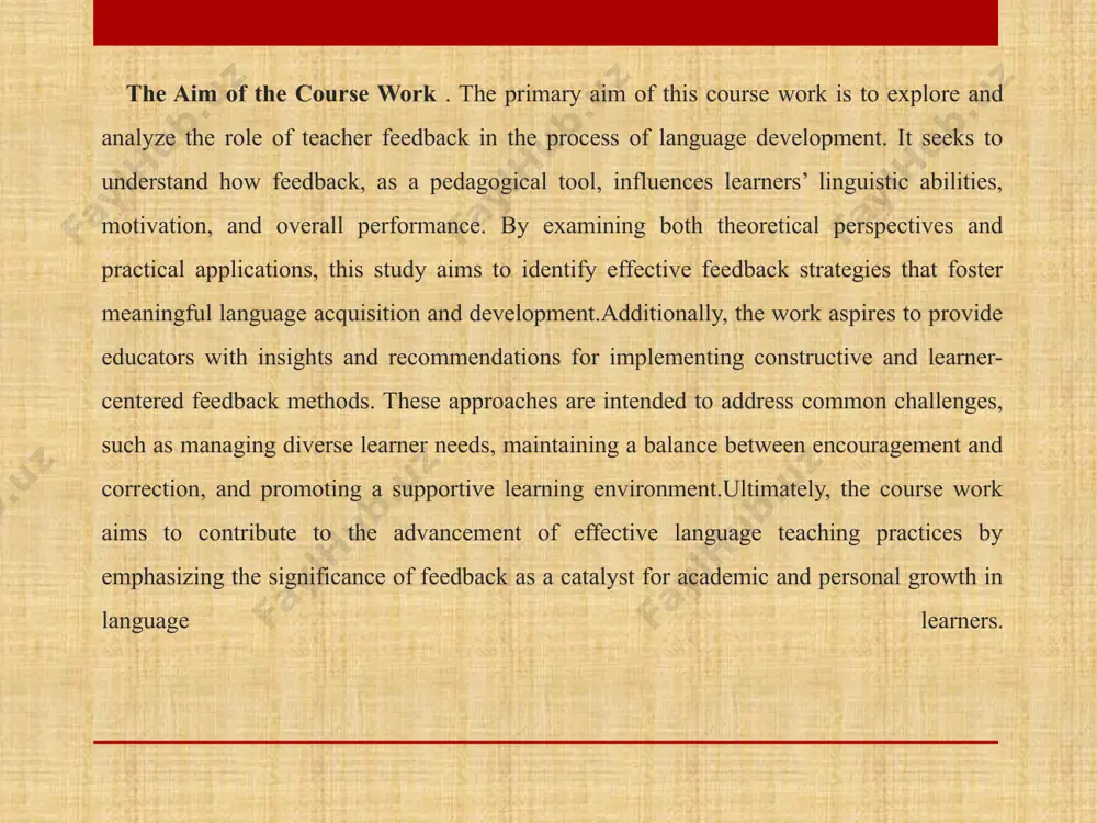 self-reflection among learners. teachers who involve students in the feedback process encourage them to take ownership of their learning. for instance, peer reviews and self-assessments guided by teacher input can help students critically evaluate their language use and identify areas for improvement. this collaborative approach cultivates a growth mindset and supports long-term language mastery.they are more likely to learn vocabulary, develop a better understanding of grammar, and improve their speaking and writing skills. motivation encourages them to seek out opportunities for language exposure and interaction, whether through online resources, social media, or immersion experiences. this, in turn, boosts their confidence and helps them to achieve higher levels of fluency. 1.2 impact of feedback on learner motivation and performance feedback is one of the most influential tools in the learning process, directly shaping both student motivation and performance. when delivered effectively, feedback has the power to inspire learners, clarify expectations, and …