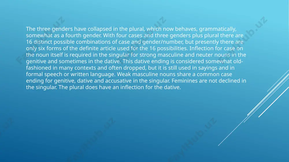 terdental fricative consonant. the use of the dental suffix is seen in the following forms of weak verbs in o.g. languages: infinitive past tense part ii mne domjan domida[ð] domiþs deem, deemed kalla kallaða kallaðr call, called macian macode macod make, made as it is shown in the examples, the dental suffix [ð,ө,d] is marker of the past and participle ii. verb inflection standard german verbs inflect into: - one of two conjugation classes, weak and strong (like english). (note: in fact there is a third class, called "gemischte verben", which can be either weak ("active meaning") or strong ("passive meaning"). there are about 200 strong or irregular verbs.) - three persons: 1st, 2nd, 3rd. - two numbers: singular and plural - three moods: indicative, subjunctive, imperative - two general verb: active and passive; the passive being composed and dividable into static and dynamic. - two non-composed tenses (present, preterite) …