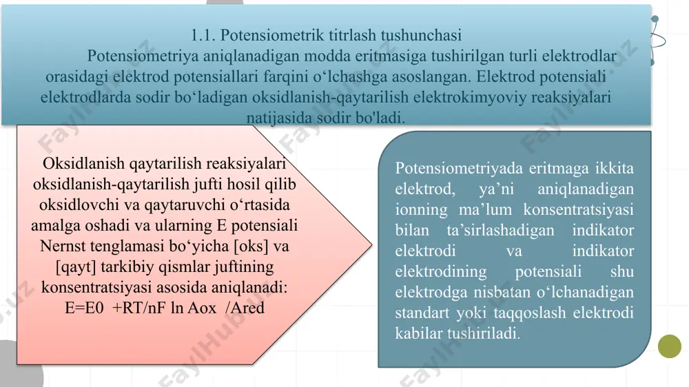 da (1909 y.) zerensen ph to‘g‘risidagi tushunchani fanga kiritgandan so‘ng rivojlandi. shu vaqtlar turli moddalarni aniqlashning potensiometrik usullarini ishlab chiqish empirik tavsifga ega bo‘ldi. bunga misol qilib keyingi yillarda potensiometriyaning yangi yo‘nalishi sifatida ionometriyaning rivojlanish bosqichini alohida qayd etish mumkin. amalda qo‘llaniladigan analiz jarayonlaridagi vazifalariga ko‘ra potensiometrik analiz usullari bevosita potensiometriya va potensiometrik titrlash usullariga tasniflanishi mumkin. bevosita potensiometriya usuli elektrod potensialini aniq o‘lchashga (emuv.) va nernst tenglamasi bo‘yicha eritmadagi potensial aniqlovchi ionning aktivligini hisoblashga asoslangan. bevosita potensiometriyaning o‘rganish predmeti qaytar oksidlanish-qaytarilish tizimlari bo‘lishi mumkin. potensiometrik analiz usuli eritmadagi ionlarning aktivligini bevosita o‘lchaydigan yagona usul hisoblandi. potensiometrik o‘lchov usuli titrlash vaqtida eritmaning elektrod potensialidagi o‘zgarishni qayd etadi. bu usulda maxsus indikator elektrod (odatda ph-elektrod yoki ion-selektiv elektrod) va ma’lumot beruvchi elektrod (masalan, kalomel elektrod) ishlatiladi. titrlash davomida har bir titrant qo‘shilgandan so‘ng potensial o‘zgarishi o‘lchanadi va grafik tarzda tasvirlanadi. ekvivalentlik nuqtasida potensial keskin o‘zgaradi, bu nuqtaning aniqligini ta’minlaydi. ushbu usul …