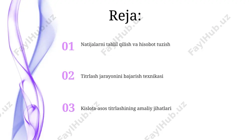 a bo'lishi kerak, bu esa titrlash jarayonining aniqligi va ishonchliligini ta'minlaydi. standartlashtirish jarayonida birlamchi standart sifatida 0,1 n hcl eritmasini standartlashtirish uchun 0,12 g natriy karbonatini ishlatish mumkin, bu aniqlikni ta'minlaydi. xavfsizlik choralari titrlash jarayonida 25-50 ml hajmli byuretkalar va 10-25 ml hajmli pipetkalardan foydalaning va to'kilgan suyuqliklarni darhol tozalang, chunki ular sirpanchiq bo'lishi mumkin. kislotalar va ishqorlarning teriga tegib ketishi kimyoviy kuyishga olib kelishi mumkin, shuning uchun 1:10 nisbatda suyultirilgan sirka kislotasi yoki natriy gidrokarbonat eritmasi bilan darhol yuvib tashlash kerak. titrlash jarayonini bajarish texnikasi titrant eritmasini byuretkaga to'ldirishda havo pufakchalari mavjudligini tekshirish va ularni chiqarish kerak, aks holda o'lchov xato bo'lishi mumkin. titrlash jarayonida 0,1 m eritma konsentratsiyasidan foydalanish aniqroq natijalar beradi, chunki bu konsentratsiya ko'pgina kislota-asosli reaksiyalar uchun optimal hisoblanadi. muhokama va xulosalar titrlash jarayonida indikator tanlash juda muhim; masalan, fenolftalein ph 8,2-10 oralig'ida rang o'zgartiradi, metil oranj esa ph 3,1-4,4 oralig'ida. analitik kimyoda aniq natijalar olish …