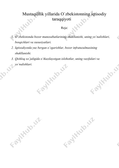 mustaqilllik yillarida o'zbekistonning iqtisodiy taraqqiyoti — DOC