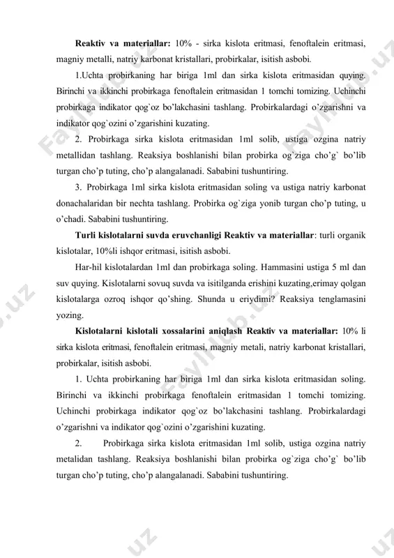 аt kristаllаridаn sоlib, ungа 2ml etil spirt quying. аrаlаshаmаga 1ml kоnsentrlangan sulfat kislоtа qo’shib оhistа qizdiring. ko’p o’tmаy sirkа kislоtаning etil efirigа hоs hid pаydо bo’lаdi.rеаksiya tеnglаmаsini yozing. adabiyotlar: 1. q. axmerov, a. jalilov, r. sayfutdinov. umumiy va anorganik kimyo. toshkent: “o’zbekiston”, 2003. 2. k. rasulov, sh. mirkomilov, m. nishonov, m. sodiqov. anorganik kimyo. toshkent: fan va texnologiya, 2012. 3. к. расулов, о. юлдошев, б. қораболаев. умумий ва анорганик кимё. т.: «ўқитувчи», 1996. 4. n.a. parpiyev, x.r. raximov, a.g. muftaxov. anorganik kimyo nazariy asoslari. toshkent. «o’zbekiston». 2000y 5. bozorov n.i. umumiy kimyo. toshkent: adabiyot uchqunlari, 2017.-368 b. 6. raymond chang.general chemistry:the essential concepts. mcgraw-hill education; enland. -2013. 7. analitical chemistry. 6th. edition. gary d. christian.university of washington.2004.848 8. paula yurkanis bruice, organik chemistry, new york, usa, 2016 9. o. fayzullayev. analitik kimyo. t: yangi asr avlodi. 2006 y. 10. м.т. ғуломов, т.норов, н.туропов. analitik kimyo.t.: ворис нашриёти, 2009 й. 11. …