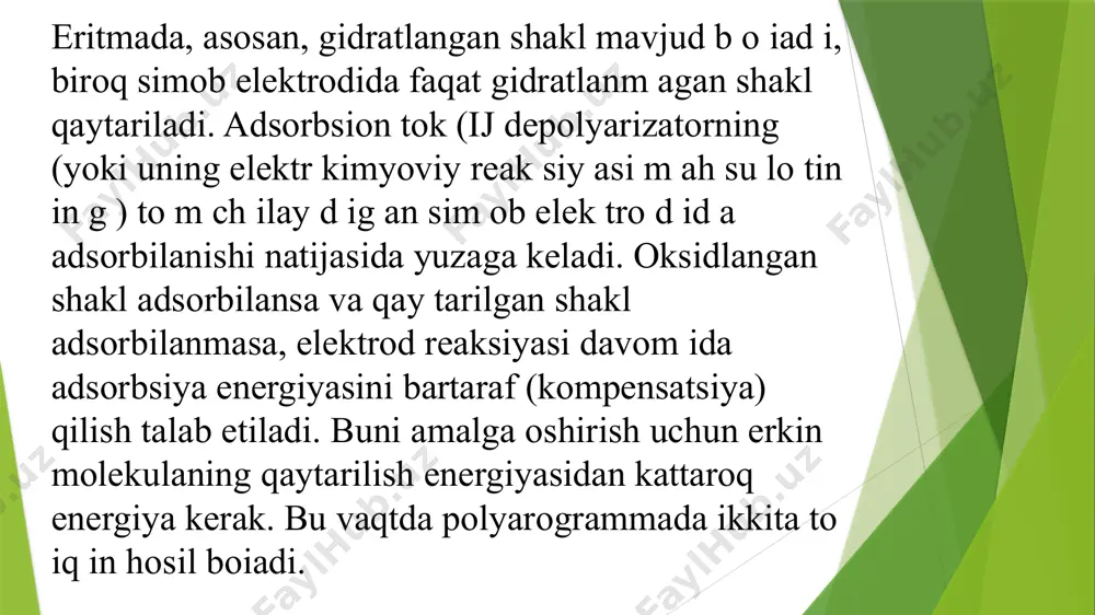 perometriya usuli yordamida aniqlandi. tajriba sharoitida elektrod potensiali cu²⁺ ionining yarim to‘lqin potensialidan biroz manfiyroq bo‘lgan qiymatga o‘rnatildi va aralashtirish bilan birgalikda 15 daqiqa davomida elektrolitik kontsentratsiya olib borildi. so‘ngra aralashtirish to‘xtatilib, 30 soniya kutildi va potensial asta-sekin anod sohasi tomon o‘zgartirildi.polyaroqrammada olingan tok–potensial egri chiziqlar (voltamperogramma) asosida aniqlanayotgan ionga mos keluvchi anod to‘liq cho‘qqisi (pik) kuzatildi. pik balandligi cu²⁺ ionining konsentratsiyasiga proporsional bo‘lib, kalibrovka grafigi yordamida konsentratsiya qiymatlari hisoblab chiqildi. image1.jpeg image2.jpeg image3.jpeg /docprops/thumbnail.jpeg