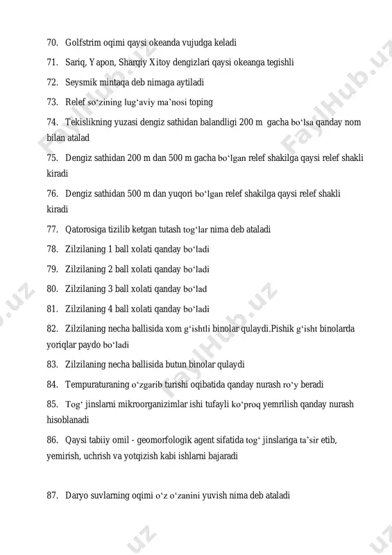 yana yerga tushadi 98. suvning to‘xtovsiz aylanishi natijasida dunyo okeanining suvi qancha vaqtda aylanib yangilanib turadi 99. suvning to‘xtovsiz aylanishi natijasida arktika muzliklarining suvi qancha vaqtda aylanib yangilanib turadi 100. suvning to‘xtovsiz aylanishi natijasida ko‘l suvlarining suvi qancha vaqtda aylanib yangilanib turadi 101. suvning to‘xtovsiz aylanishi natijasida daryo suvlarining suvi qancha vaqtda aylanib yangilanib turadi 102. 18 yoshdan 50 yoshgacha bo‘lgan kishilarning organizmida gavda og‘irligining necha foizi suv tashkil qiladi 103. odam organizimida suv miqdorining necha foiz (% ) ga kamayishi esa kishini halok qilishga olib keladi 104. odam organizmi o‘z hayotiy jarayonlarini amalga oshirishi uchun sutkasida o‘rtacha qancha suvni qabul qiladi va uni o‘z to‘qimalaridan o‘tkazib, chiqarib yuboradi 105. inson miyasining o‘rtacha necha foizi suvdan iborat 106. inson qonining necha foizi suvdan iborat 107. inson musqulining necha foizi suvdan iborat 108. inson suyagida necha foiz suv mavjud 109. odam va hayvon organizimida suvning endogen xususiyati bu.. 110. organizmdagi 100 …