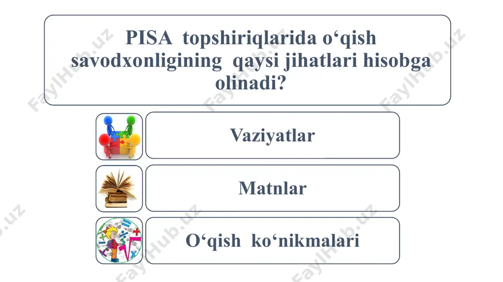 kirish va ma’lumot topish (3%) matndan ma’lumot izlash va uni ajratib olish (3%) matnni ko‘rib chiqish va ma’lumot topish (4%) matndan ma’lumot izlash va uni ajratib olish (7%) tushunish o‘zaro bog‘lash va talqin qilish (46%) aynan ma’noni izlab topish(17%) xulosalarni jamlash va ularni aniq ifoda qilish(21%) xulosalarni jamlash va ularni aniq ifoda qilish (8%) mulohaza yuritish va baholash (37%) matnning sifatini va ishonchliligini baholash 7%) shakl va mazmun haqida fikr yuritish (5.5%) matnning sifatini va ishonchliligini baholash (1%) shakl va mazmun haqida fikr yuritish (5.5%) qarama-qarshiliklarni topish va ular bilan ishlash (18%) topshiriqlar tavsifi topshiriqlar umumiy muammo yoki mavzu bilan birlashgan. topshiriq matnlarida vaziyatlar berilgan va ularning yechimi sifatida turli qiyinlik darajasidagi 1-6 tagacha savollar mavjud. topshiriqlar tavsifi topshiriqlar o‘quvchilar uchun odatiy emas, balki ko‘proq hayotda uchraydigan vaziyatlar bilan bo‘g‘liq. muammolarni yechish uchun faqat bilim emas, balki umumta’lim va intellektual ko‘nikmalar ham rivojlangan bo‘lishi kerak. pisa bo‘yicha o‘qish savodxonligining darajalari …