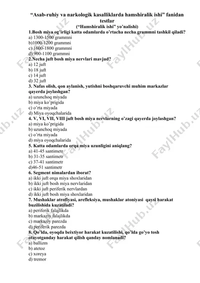 "asab-ruhiy va narkologik kasalliklarda hamshiralik ishi" fanidan testlar — DOCX
