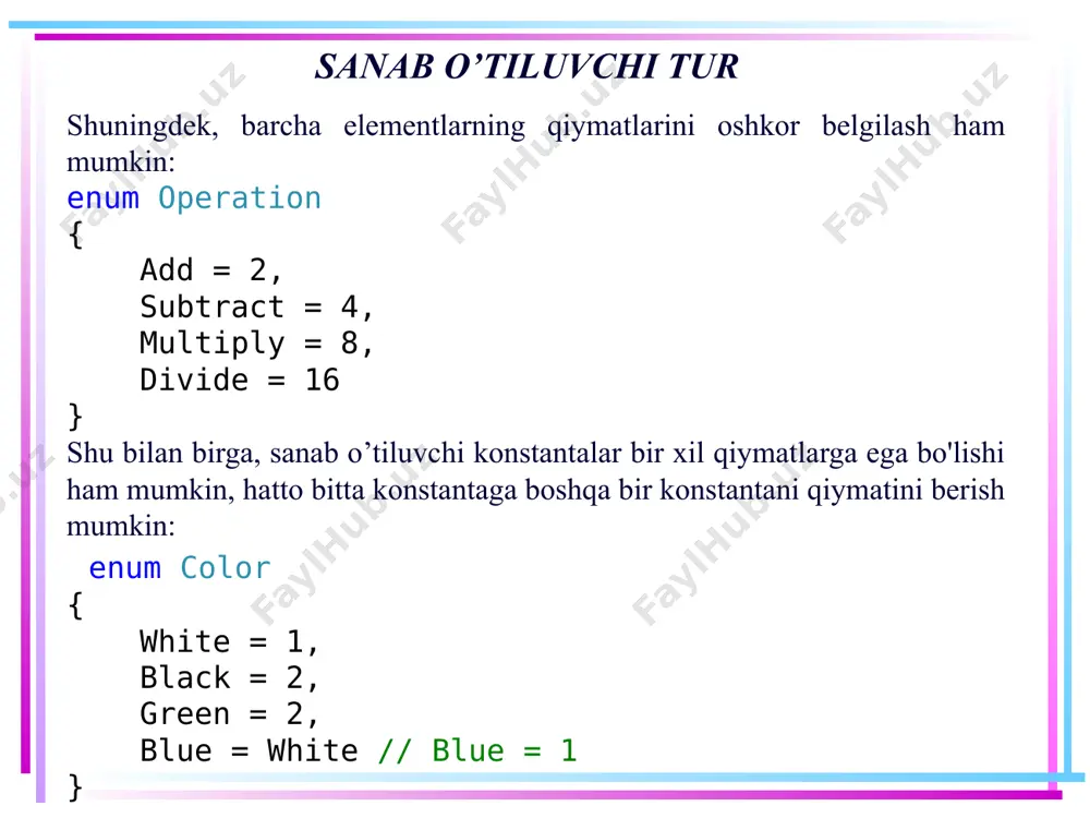 chidan foydalanmasdan uning maydonlari uchun alohida o'zgaruvchilardan foydalanish mumkin: static void main(string[] args) { var (name, age) = ("tom", 23); console.writeline(name); // tom console.writeline(age); // 23 console.read(); } bunday holda kortej maydonlari bilan metod doirasida aniqlangan o'zgaruvchilar kabi ishlashimiz mumkin. kortejlarni amalda ko’llash kortejlar metodga parametr sifatida uzatilishi mumkin, ular funktsiyani qaytarish natijasi bo'lishi mumkin yoki umuman boshqacha ishlatilishi mumkin. masalan, kortejlarning eng ko’p qo’llaniladigan holatlardan biri bu metodlarning ikki va undan ortiq qiymat qaytarishidir. metod kortejlarsiz faqat bitta qiymat qaytarishini oldingi darslarda ko’rib chiqilgan. va kortejlar ushbu vazifani bajarishning eng maqbul usulidir. kortejlarni amalda ko’llash static void main(string[] args) { var tuple = getvalues(); console.writeline(tuple.item1); // 1 console.writeline(tuple.item2); // 3 console.read(); } private static (int, int) getvalues() { var result = (1, 3); return result; } bu misolda kortej qaytaruvchi getvalues() metodi aniqlangan. kortej qavs ichiga olingan qiymatlar to'plami sifatida aniqlanadi. va bu misolda, int turidagi ikkita sondan iborat …