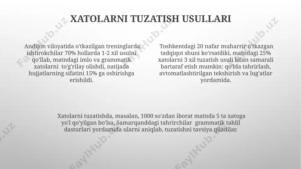 ek, matnning stilistik xususiyatlarini hisobga olish muhim. matn konteksti, masalan, 2023-yilda toshkentda chop etilgan 50 betlik kitobda uchraydigan imlo xatolarini aniqlash va ularning ma'no va uslubga ta'sirini tahlil qilishni o'z ichiga oladi. imlo xatolarining tarqalishini geografik jihatdan tahlil qilish mumkin: masalan, samarqanddagi 100 ta matnda 200 ta xato, buxoroda esa 150 ta matnda 300 ta xato aniqlangan. kompyuter dasturlari yordamida tekshirish google docs platformasi, dunyoning istalgan nuqtasidan foydalanuvchilarga onlayn rejimida matnlarni tahrirlash va imlo xatolarini tuzatish imkoniyatini taqdim etadi, unda 10 dan ortiq til qo'llab-quvvatlanadi, jumladan, o'zbek tili ham. kompyuter dasturlari, masalan, grammarly yoki prowritingaid kabi 20 dan ortiq tilni qo'llab-quvvatlab, 1000 dan ortiq grammatik va imlo xatolarini aniqlash imkonini beradi, bu esa toshkentdagi talabalar uchun juda qulay. microsoft word'ning imlo tekshiruvi funksiyasi 50 000 dan ortiq so'zlarning lug'atini o'z ichiga oladi va amerika, buyuk britaniya va avstraliya ingliz tillarining imlo qoidalarini qo'llaydi, shuningdek, shaxsiy lug'atlarni yaratish imkoniyatini beradi. grammatika …