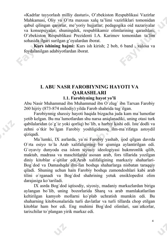 ing o`z zamonasi fanning turli sohalari bo`yicha chuqur bilimga ega bo`lganligi haqida va u juda ko`plab tillarni bilganligi haqida hikoya qilinadi. 1.2. farobiyning inson kamoloti haqidagi qarashlari farobiy yosh avlodni kamolga yetkazishda u yashayotgan jamiyatdagi muhit, hayotiy tajriba, talim-tarbiyaning ta`siri va bu ta`sir natijasida ular o`zlaridagi ijobiy yoki salbiy xislat-fazilatlarni namoyon qilishlarini aytadi. “insonlar tug`ilganda kamolotli bo`lib tug`imaydi, ularni orasida aslida farq ham bo`lmaydi, ularning xulqi, faoliyati, hayoti o`xshash bo`ladi, keyinchalik esa o`zgaradi, ya`ni ijtimoiylashuv jarayonida jamiyatda odamlar ming yillardan beri amal qilib kelayotgan qadiriyatlarni va me`yorlarni qabul qiladilar. ularga moslashadilar voqealar va muhit ta`sirida yaxshi yoki yomon odatlarni o`rganadilar, shu bois odamlardagi xato va kamchilik, yutuq va muvaffaqiyatlar ularda jamiyatda keyinchalik shakllanadi. inson jamiyatdagi qarama –qarshiliklarni o`ziga singdira boshlaydi, har xil mushkulotlarga duch keladi. inson faoliyatining adolatga yaqinligi yoki uzoqligi uning aqliga, xulqiga, yashagan jamiyatiga bog`liq. agar unda yomonlik fikrlari ozroq bo`lsa, adolatga yaqin bo`ladi, agar ko`proq bo`lsa adolatdan, …