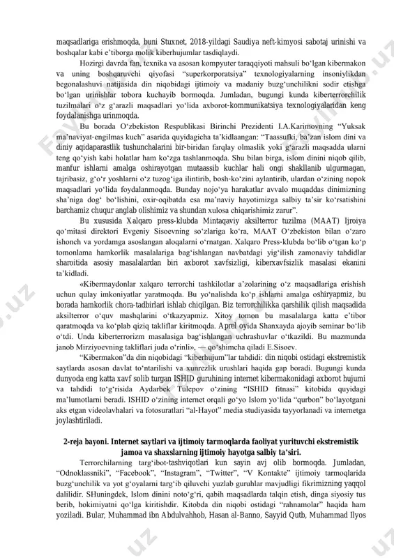 kiberterrorchilar, buzgʻunchilik boʻyicha juda malakali boʻlganlar hukumat tizimlariga katta zarar yetkazishi va keyingi hujumlardan qoʻrqib, mamlakatni tark etishi mumkin. bunday terrorchilarning maqsadlari siyosiy yoki mafkuraviy boʻlishi, bu esa terrorning bir koʻrinishi deb hisoblanishi mumkin. hukumat va ommaviy axborot vositalarida kiberterrorizm yetkazilishi mumkin boʻlgan ziyon haqida xavotirlar talaygina. bu esa federal qidiruv byurosi (fqb) va markaziy razvedka boshqarmasi (cia) kabi davlat idoralarini kiberhujumlar va kiberterrorizmga chek qoʻyishga unday boshladi. kiberterrorizmning bir necha asosiy va kichik holatlari boʻlgan. al-qoida internetdan tarafdorlari bilan muloqot qilish va hatto yangi aʼzolarni yollash uchun foydalangan. estoniya, boltiqboʻyi mamlakati, texnologiya jihatidan rivojlanib borishmoqda, 2007-yil aprel oyida estoniya poytaxti tallinda joylashgan ikkinchi jahon urushi davridagi sovet haykali koʻchirilishi bilan bogʻliq tortishuvlardan soʻng kiberterror uchun kurash maydoniga aylanib qoladi. umumiy ko’rinishi: kiberterrorizm koʻlamining asosiy taʼrifi boʻyicha munozaralar mavjud. ushbu taʼriflar tor boʻlishi mumkin, masalan, internetdagi boshqa tizimlarga hujum qilish uchun internetdan foydalanish, bu odamlar yoki mulkka nisbatan zoʻravonlikka olib …