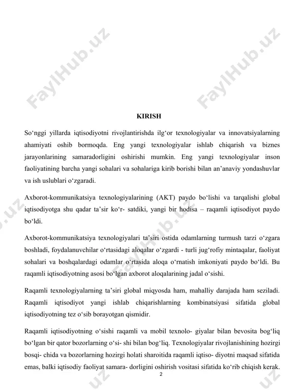 a – raqamli iqtisodiyot paydo bo‘ldi. axborot-kommunikatsiya texnologiyalari ta’siri ostida odamlarning turmush tarzi o‘zgara boshladi, foydalanuvchilar o‘rtasidagi aloqalar o‘zgardi - turli jug‘rofiy mintaqalar, faoliyat sohalari va boshqalardagi odamlar o‘rtasida aloqa o‘rnatish imkoniyati paydo bo‘ldi. bu raqamli iqtisodiyotning asosi bo‘lgan axborot aloqalarining jadal o‘sishi. raqamli texnologiyalarning ta’siri global miqyosda ham, mahalliy darajada ham seziladi. raqamli iqtisodiyot yangi ishlab chiqarishlarning kombinatsiyasi sifatida global iqtisodiyotning tez o‘sib borayotgan qismidir. raqamli iqtisodiyotning o‘sishi raqamli va mobil texnolo- giyalar bilan bevosita bog‘liq bo‘lgan bir qator bozorlarning o‘si- shi bilan bog‘liq. texnologiyalar rivojlanishining hozirgi bosqi- chida va bozorlarning hozirgi holati sharoitida raqamli iqtiso- diyotni maqsad sifatida emas, balki iqtisodiy faoliyat samara- dorligini oshirish vositasi sifatida ko‘rib chiqish kerak. prezident sh.m. mirziyoyevning 2016-yilda o‘zbekiston rahbariyatiga kelishi bilan, respublikamiz iqtisodiyoti tub o‘zga- rishlarga uchradi. iqtisodiyot ochiq, jadal, innovatsion rivojlanish- ga aylandi. afsuski, respublikada bu sohada ikkita katta muammo mavjud: telekommunikatsiya infratuzilmasi va mutaxassislarning etish-masligi. bu respublikamiz iqtisodiyotining raqamli …