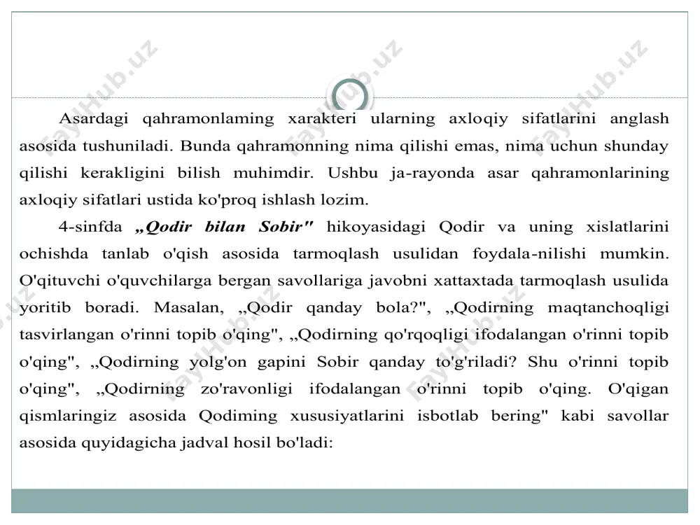 vojining bog'lanishini belgilash, ishtirok etuvchi shaxslaming xulq-atvori va ularning asosiy xususiyatlarini aniqlash (nega shunday qildi va bu uning qanday xususiyatini ochadi), asar kompozitsiyasini ochish (tugun, kulminatsion nuqta, yechim), asaming aniq mazmunini tasviriy vositalar bilan birga tahlil qilish va qahramonlar xulq-atvorini baholash (muallif nimani tasvirlagani, qanday tasvirlagani, nima uchun u yoki bu dalilni tanlagani)dan iborat. uchinchi bosqichning bosqichning ish mazmuni ishtirok etuvchi shaxslaming muhim xususiyatlarini umumiashtirish, qahramonlarni taqqoslash va baholash, asaming g'oyasini aniqlash, badiiy asarni hayotni bilish manbai va san'at asari sifatida baholash {qanday ma'lumotlarga ega bo'ldik, asar nimaga o'rgatadi matn bilan dastlabki tanishuvdan so'ng quyidagicha savollar bilan murojaat qilish darsda o'quvchilarning faolligini oshiradi: /. hikoyadagi qaysi epizodni qiziqarli deb o'ylaysiz? hikoya qahramonlaridan qaysi binning xatti-harakatini ma'qul-laysiz? qaysi biriningfe'l-atvori, o'z'mi tutishisizga yoqmadi? hayotda shunday kishilami uchratganmisiz? asar tahlili jarayonida matn ustida ishlashning quyidagi tur- laridan foydalaniladi: tanlab o'qish. bunda o'quvchi matnning berilgan vazifaga mos qismini o'qiydi. vazifa asarning mazmunini oydinlashtirish, sabab-natija …