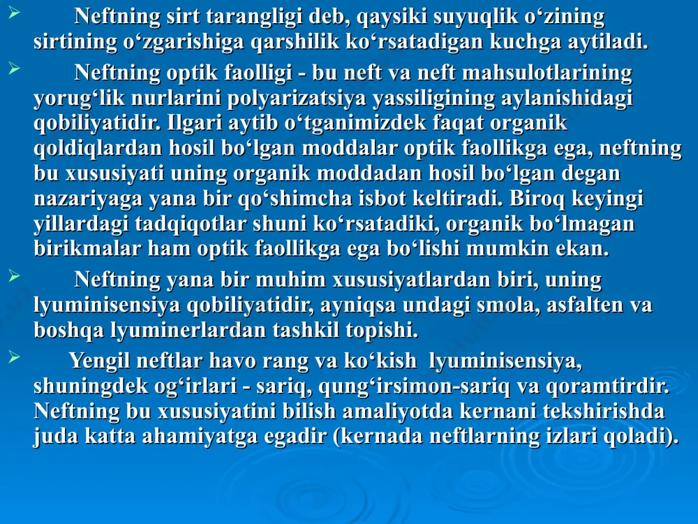 olishi mumkin. uglevodorodlar о‘zlarining kimyoviy hususiyatlari bо‘yicha naftenli uglevodorod alkanlarga yaqin. naftenli uglevodorodlarning xususiyatlaridan biri ularning hosilalari ham izomerlanish xususiyatiga egadir. katalik va termik jarayonlar ta’sirida olti a’zoli sikllar tizimi besh a’zoliga oson о‘tadilar. masalan: siklogeksan va benzol metil siklopentanga. aromatik uglevodorodlar (arenlar). ularning oddiylarining umumiy ifodasi cnh2n+2 va о‘zining tarkibi benzol aromatik yadrosi deb ataluvchilardan tarkib topgan. bu birikmalar ancha mustahkam. shuningdek ular yuqori kimyoviy faollikga ega, albatta metanli va naftenlilarga nisbatan, shuningdek ular ancha yengil ajralishi mumkin. arenlar yuqori erish qobiliyatiga ega, cheklanmagan miqdorda bir-biriga va boshqa erituvchilarga eriydilar. № nomi belgisi atom massasi 1 metan ch4 16 2 etan c2h6 30 3 propan c3h8 44 4 butan c4h10 58 5 pentan c5h12 72 6 geksan c6h14 86 7 geptan c7h16 100 8 nonan c8h18 114 9 oktan c9h0 128 10 dekan c10h22 142 turli rayonlarda olinadigan neftlar, ba’zan bir rayonda turli quduqlardan olinadigan neftlar u’zlarining fizikaviy va …