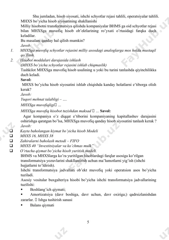 ga;) qadrsizlanishdan zararlar.  ishga tushirish sanasi · balans qiymati · va boshqalar transformatsiya qaydlari (2 turda): 1. moliyaviy hisobot elementlarining tasniflanishi o’zgarishi bilan bog’lik bo’lganlari 2. moliyaviy hisobot elementlarini baholashni o’zgartiradigan o’tkazmalar. 1. moliyaviy hisobot elementlarining tasniflanishi o’zgarishi bilan bog’lik bo’lganlar: · qayta tasniflash · yangi hisob ob’ektlarining joriy etilishi · mhxsga muvofiq tan olishning talablarini qondirmaydigan istisnolar jamlovchi transformatsiya jadvalini to’ldirish (foyda va zararlar xaqidagi hisobot va balansni tayyorlash) pul mablag’larining xarakati to’g’risidagi hisobot va kapital xarakati xaqidagi hisobotni tuzish uchun ma’lumotlarni to’plash mhxsga muvofiq tayyorlangan kapitaldagi o’zgarishlar haqidagi hisobot va pul oqimlari to’g’risidagi hisobot ko’rsatkichlari quyidagilar asosida shakllanadi:  transformatsiya kilingan foyda va zararlar haqidagi hisobot xamda balans  shuningdek, ishchi bosqichda to’plangan ko’shimcha ma’lumotlar transformatsiyani amalga oshirishda qabul qilingan, baholangan muhokama va soddalashtirish, transformatsiya tavsiflari bo’yicha matnli fayl yaratish. mhxs 29 «giperinflyatsiya sharoitida moliyaviy hisobot» mhxs 29 inflyatsiyani giperinflyatsiyaga o’tishining absolyut darajasini belgilamaydi. giperinflyatsiya iqtisodiyotining xarakteristikasi: …